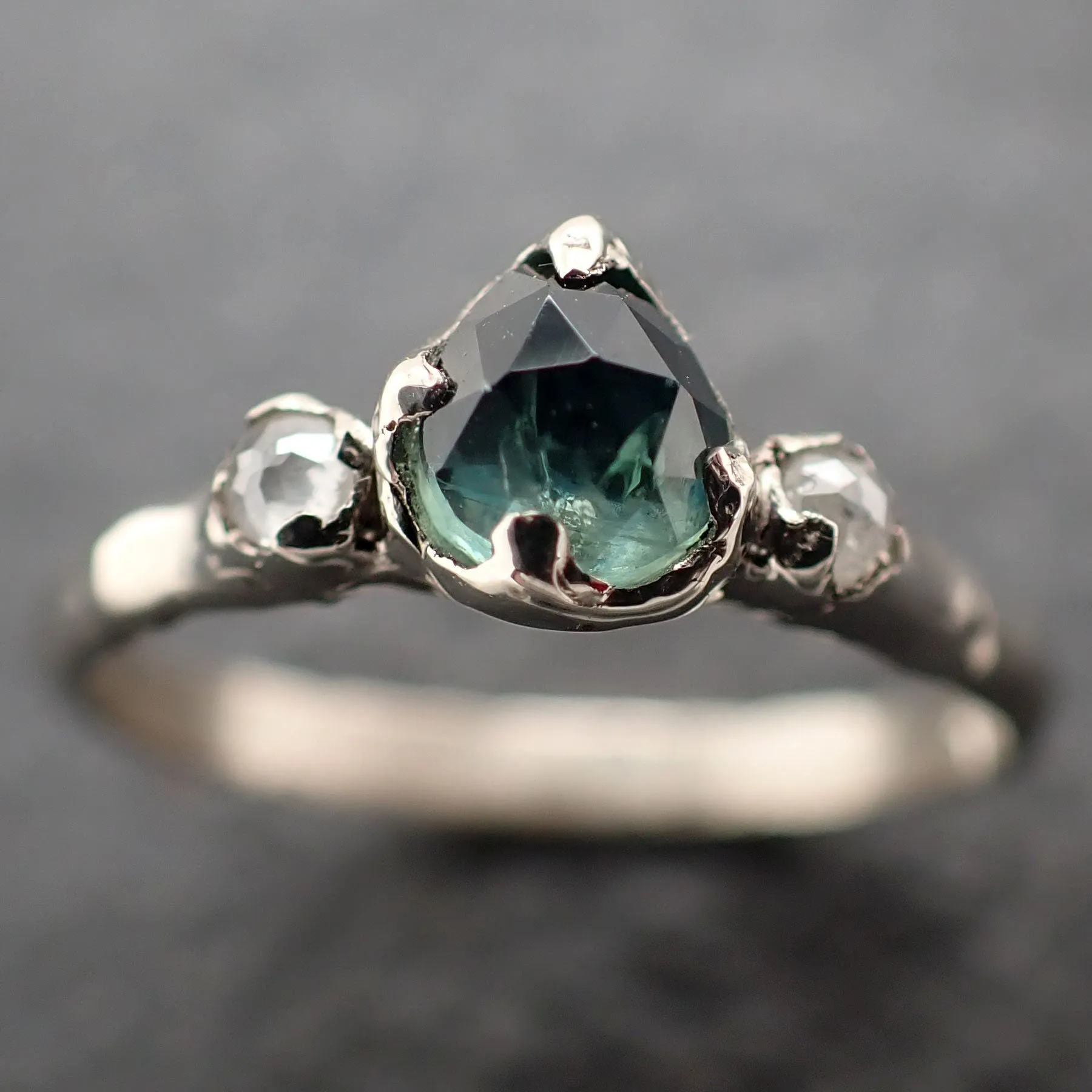 fancy cut blue green montana sapphire and fancy diamonds 14k white gold engagement wedding ring gemstone ring multi stone ring 3172 Alternative Engagement
