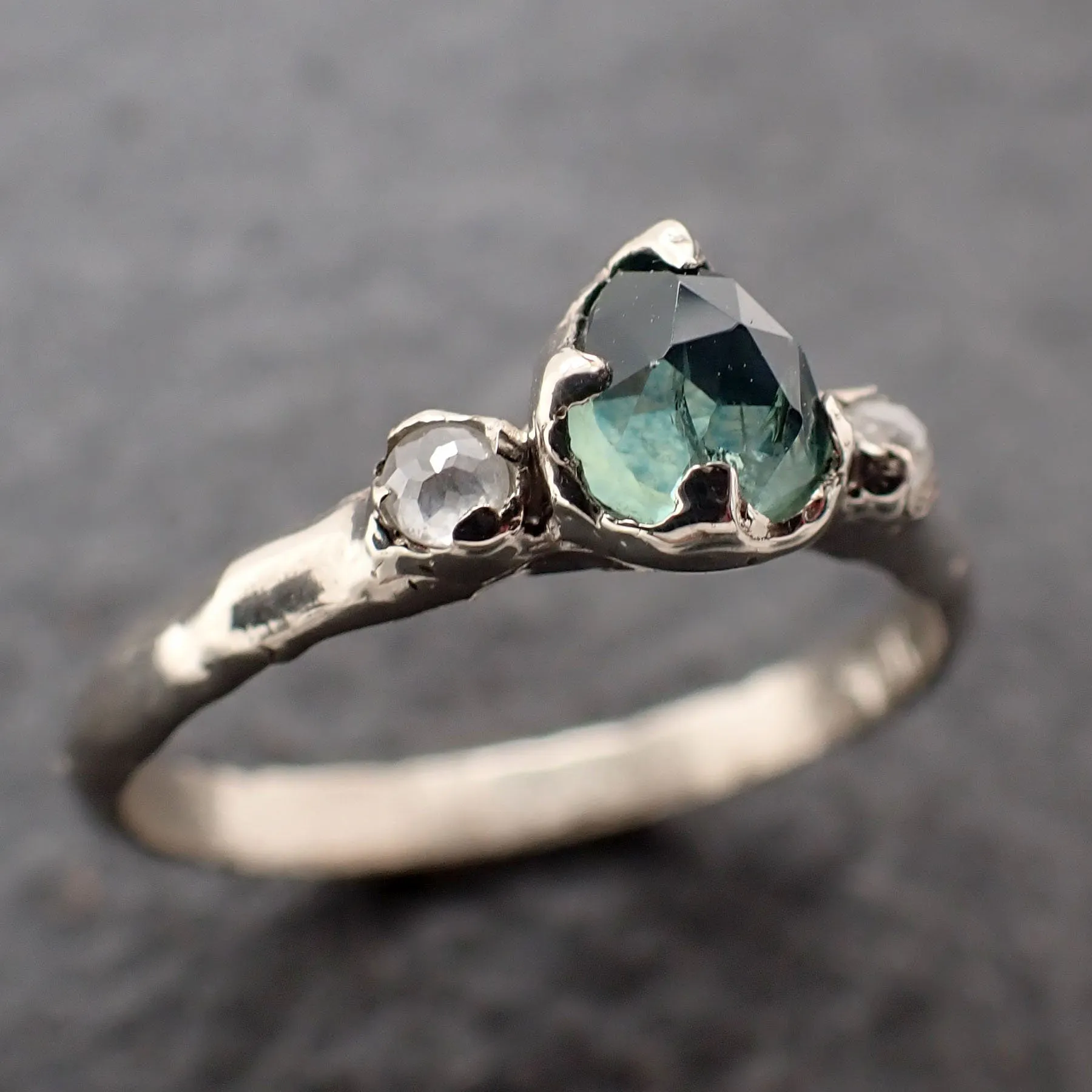 fancy cut blue green montana sapphire and fancy diamonds 14k white gold engagement wedding ring gemstone ring multi stone ring 3172 Alternative Engagement