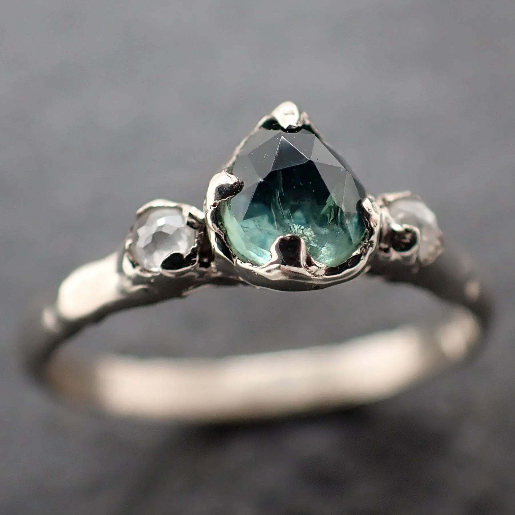 fancy cut blue green montana sapphire and fancy diamonds 14k white gold engagement wedding ring gemstone ring multi stone ring 3172 Alternative Engagement