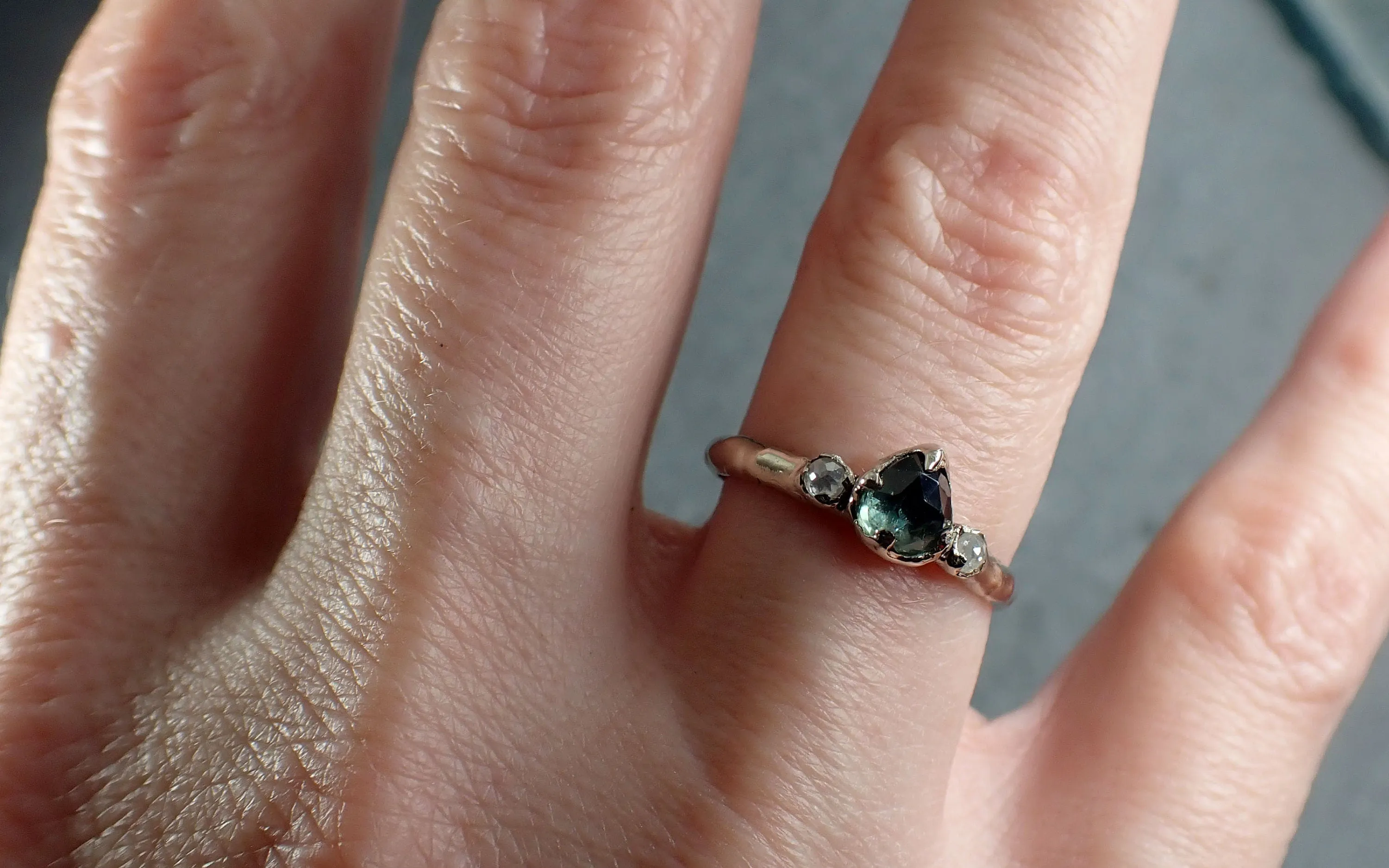 fancy cut blue green montana sapphire and fancy diamonds 14k white gold engagement wedding ring gemstone ring multi stone ring 3172 Alternative Engagement