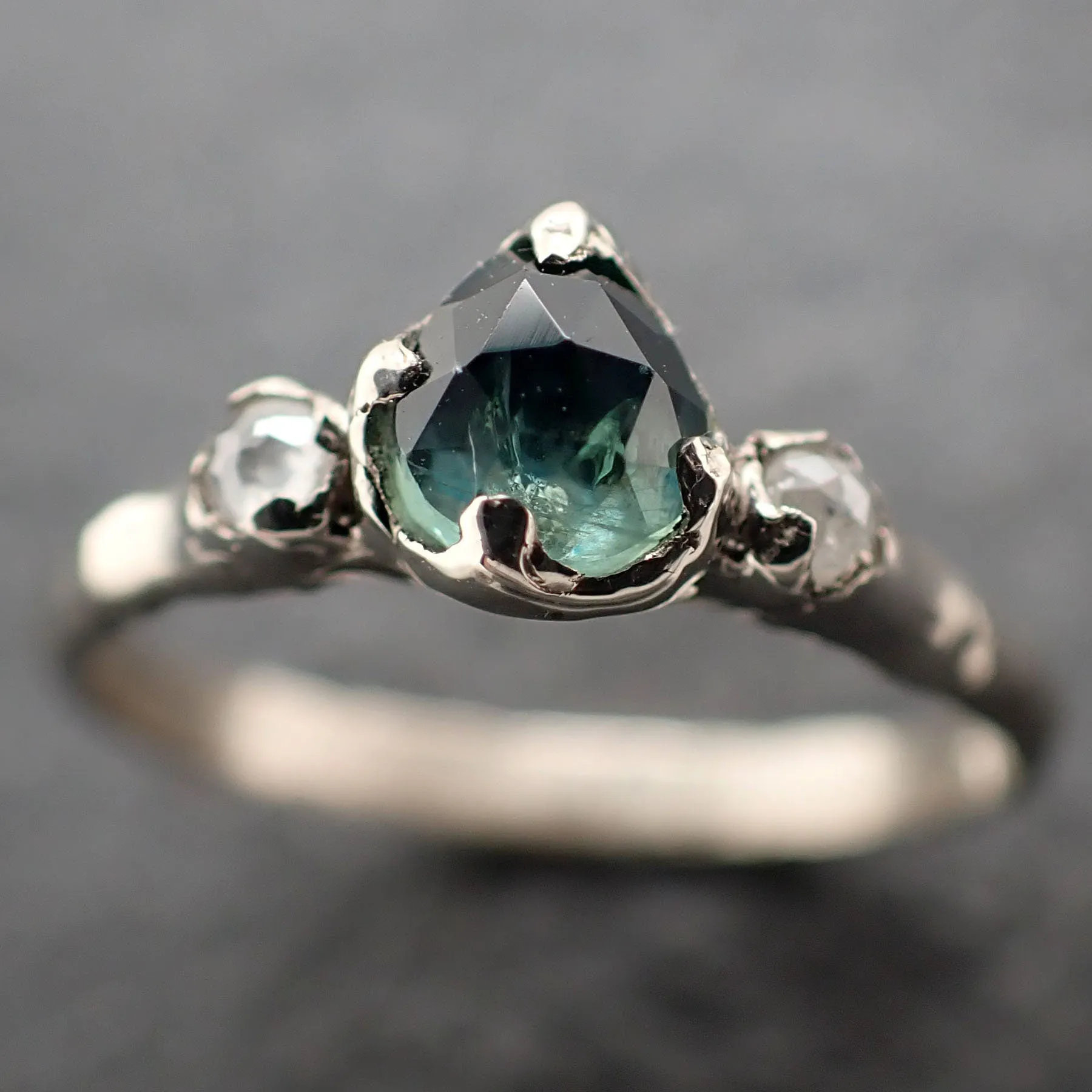fancy cut blue green montana sapphire and fancy diamonds 14k white gold engagement wedding ring gemstone ring multi stone ring 3172 Alternative Engagement