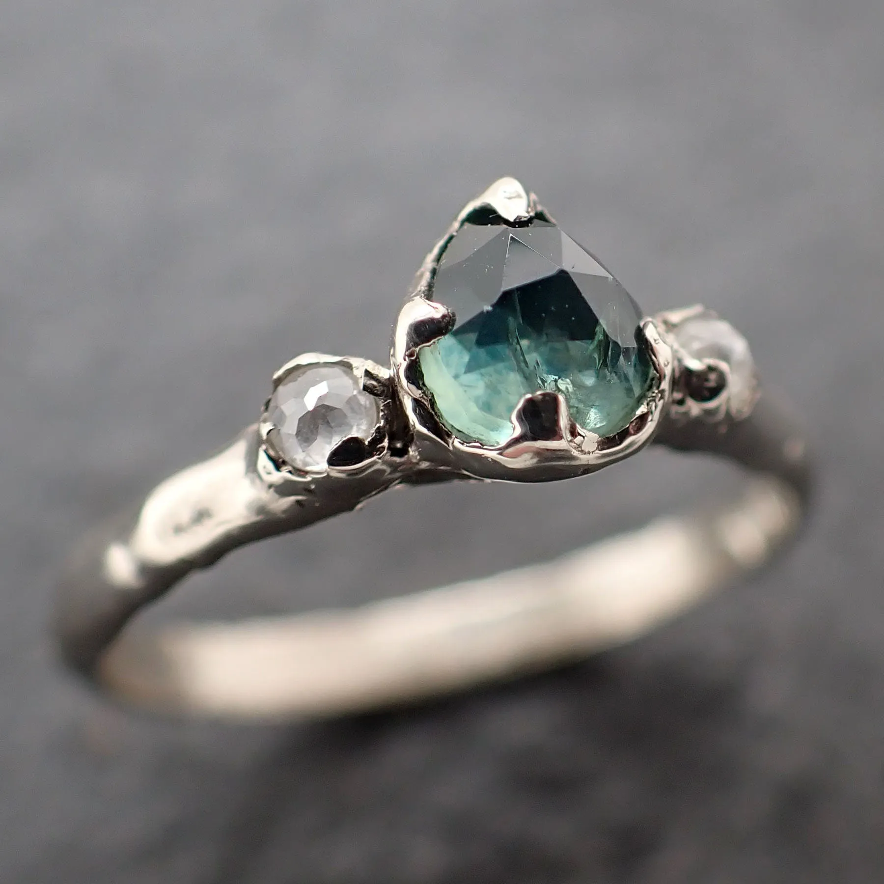 fancy cut blue green montana sapphire and fancy diamonds 14k white gold engagement wedding ring gemstone ring multi stone ring 3172 Alternative Engagement