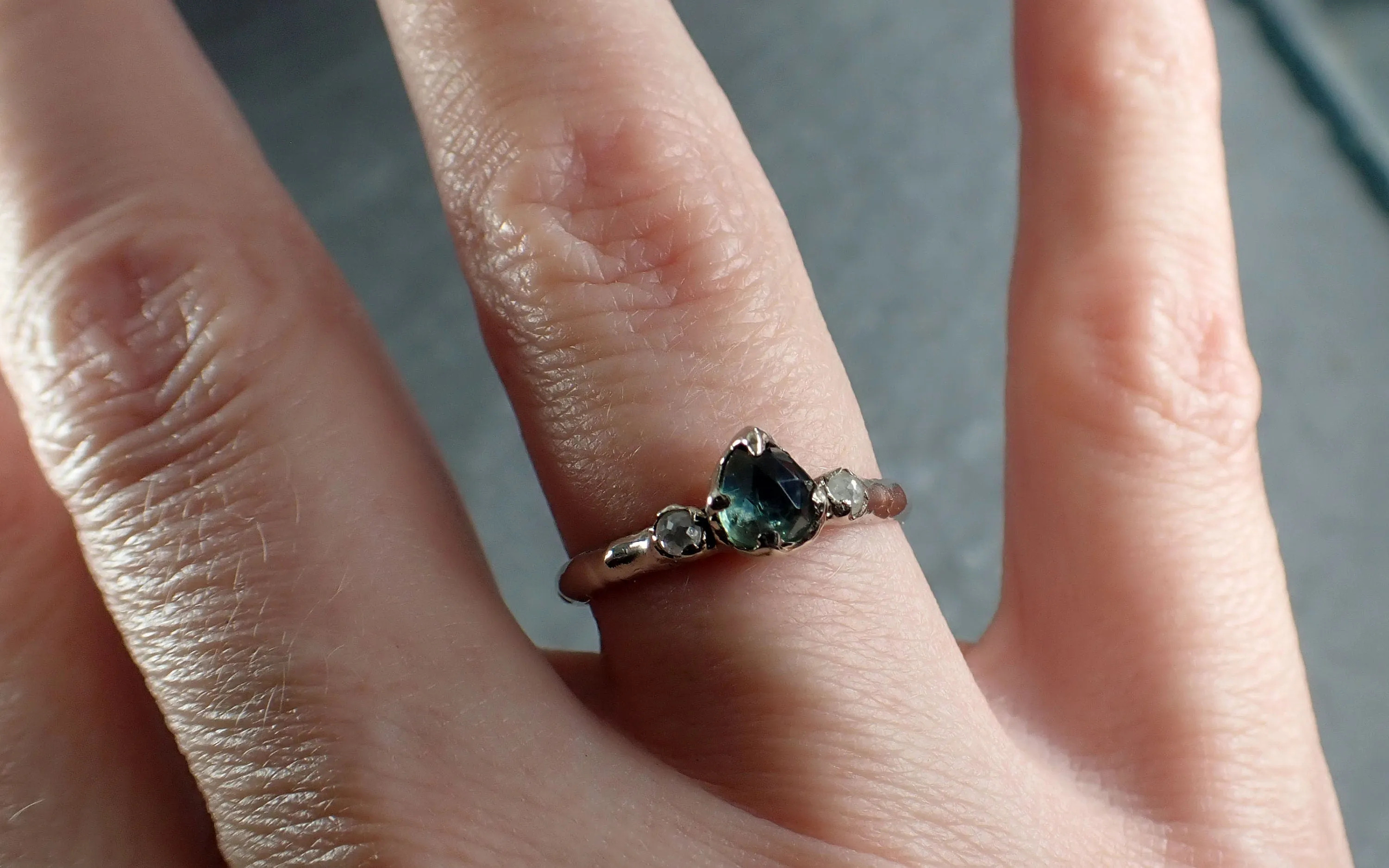 fancy cut blue green montana sapphire and fancy diamonds 14k white gold engagement wedding ring gemstone ring multi stone ring 3172 Alternative Engagement
