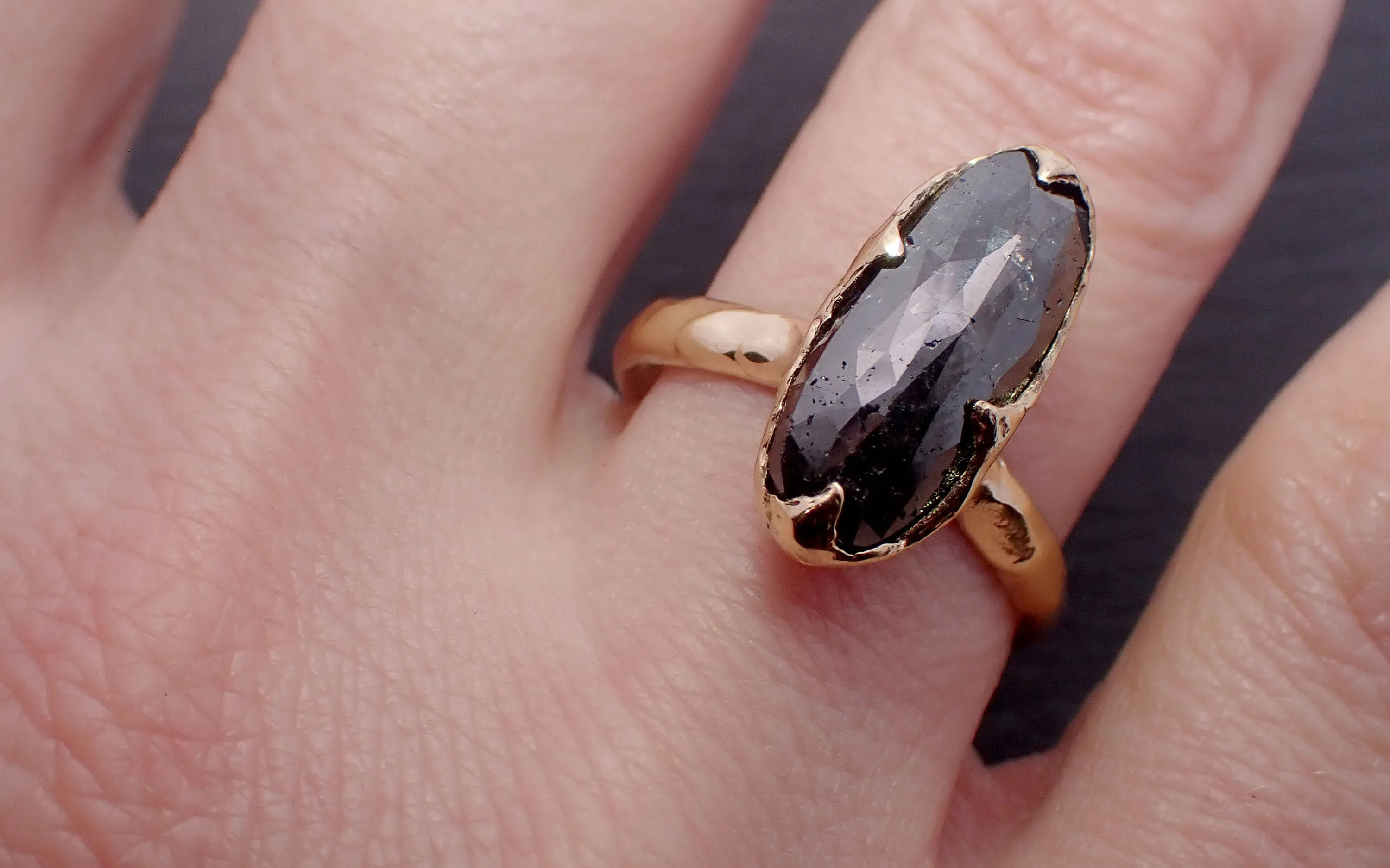 Fancy cut Salt and pepper Diamond Solitaire Engagement 18k yellow Gold Wedding Ring byAngeline 3289