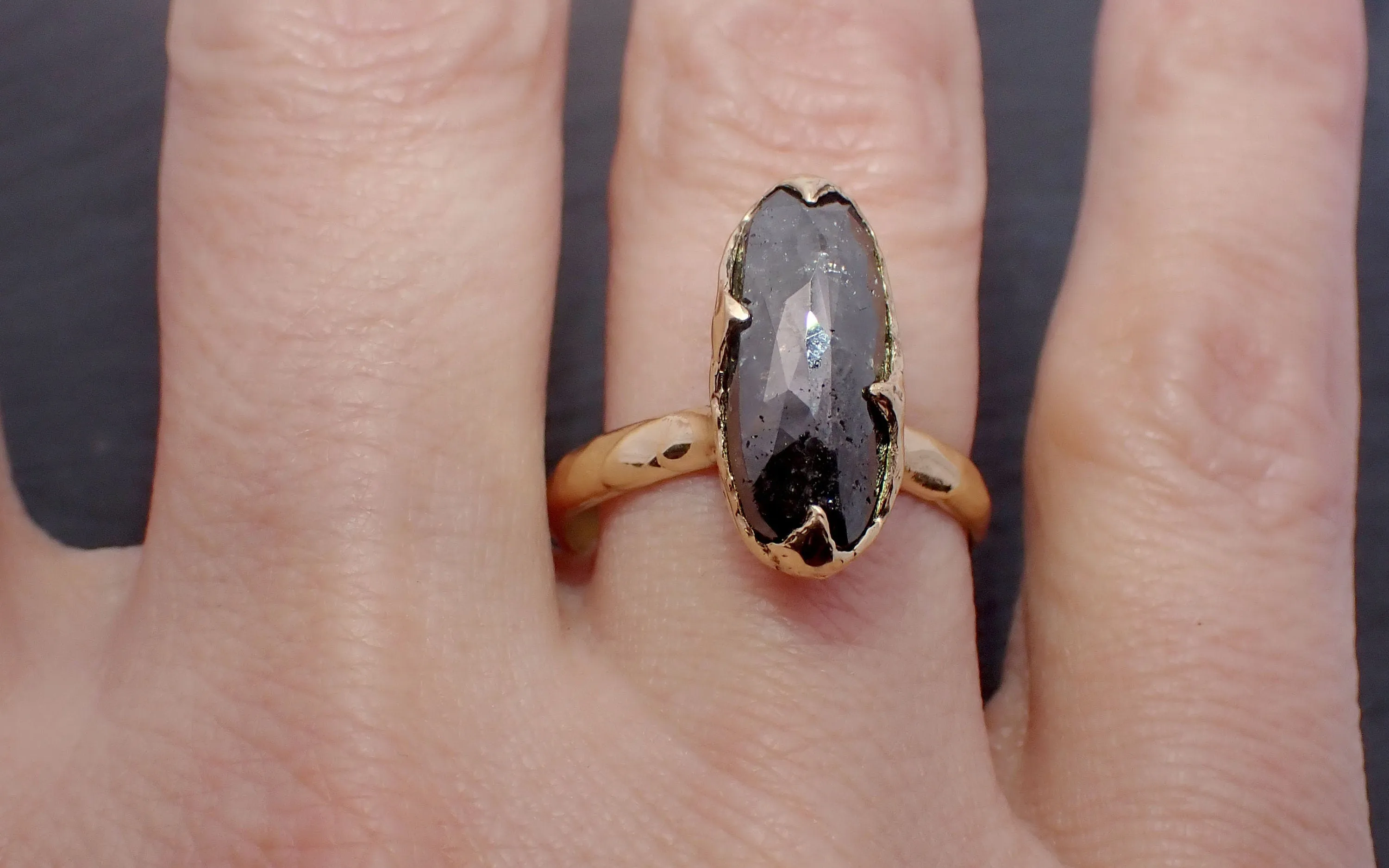 Fancy cut Salt and pepper Diamond Solitaire Engagement 18k yellow Gold Wedding Ring byAngeline 3289