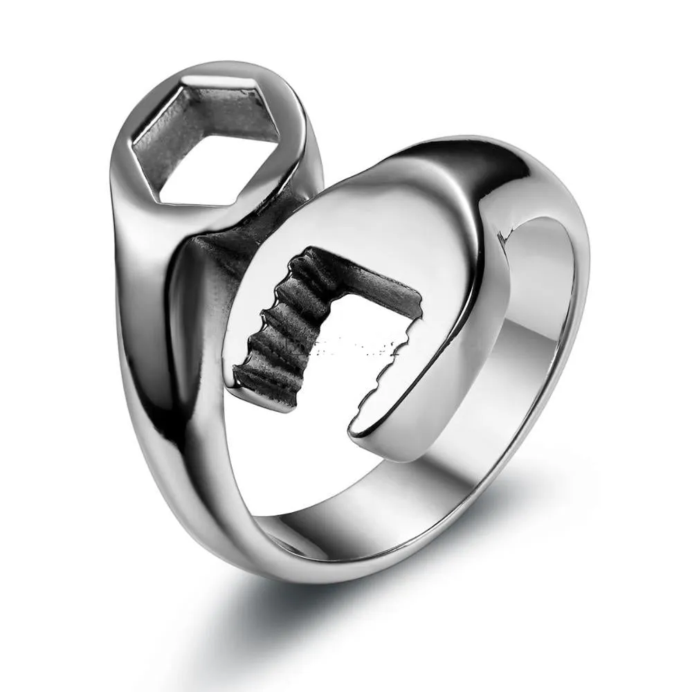 Fashion Cool Biker Mechanic Wrench Stainless Steel Mens Ring Punk Style Rings for men Size 8-13