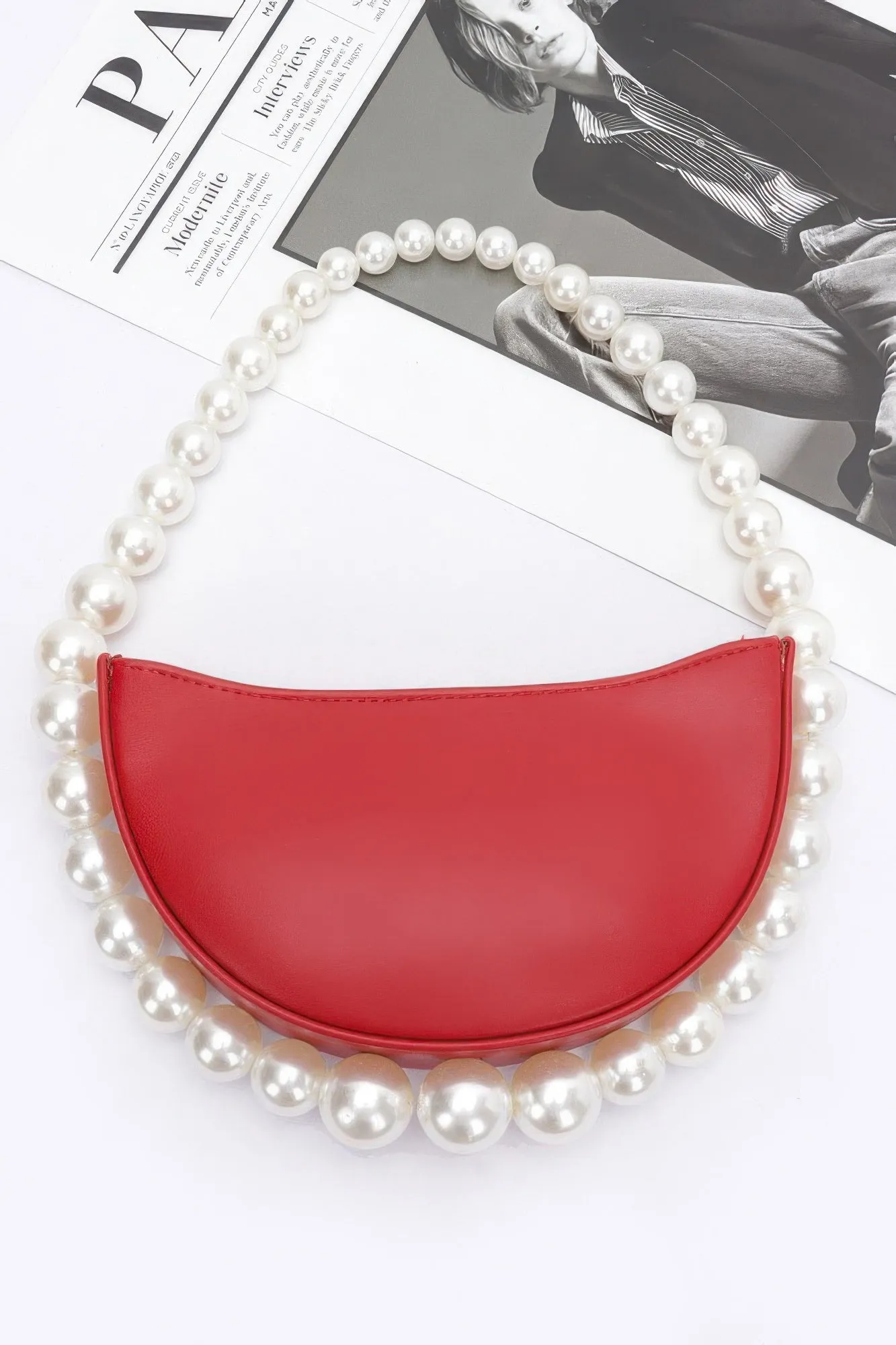 Faux Pearl Handle Half Moon Bag
