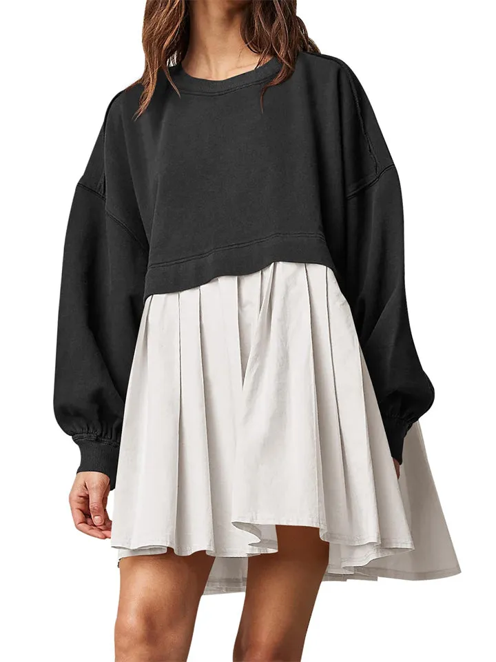 Female Casual Sweatshirt Patchwork Pleated Dress