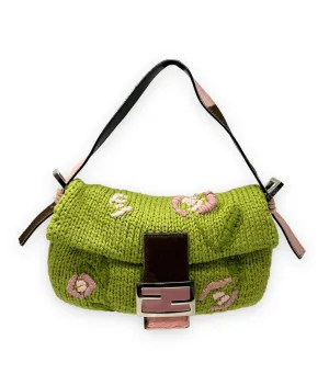 Fendi Green Knit Floral Baguette Bag