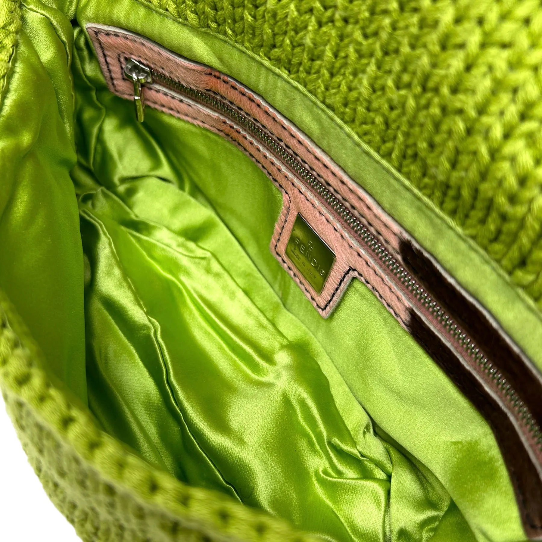 Fendi Green Knit Floral Baguette Bag