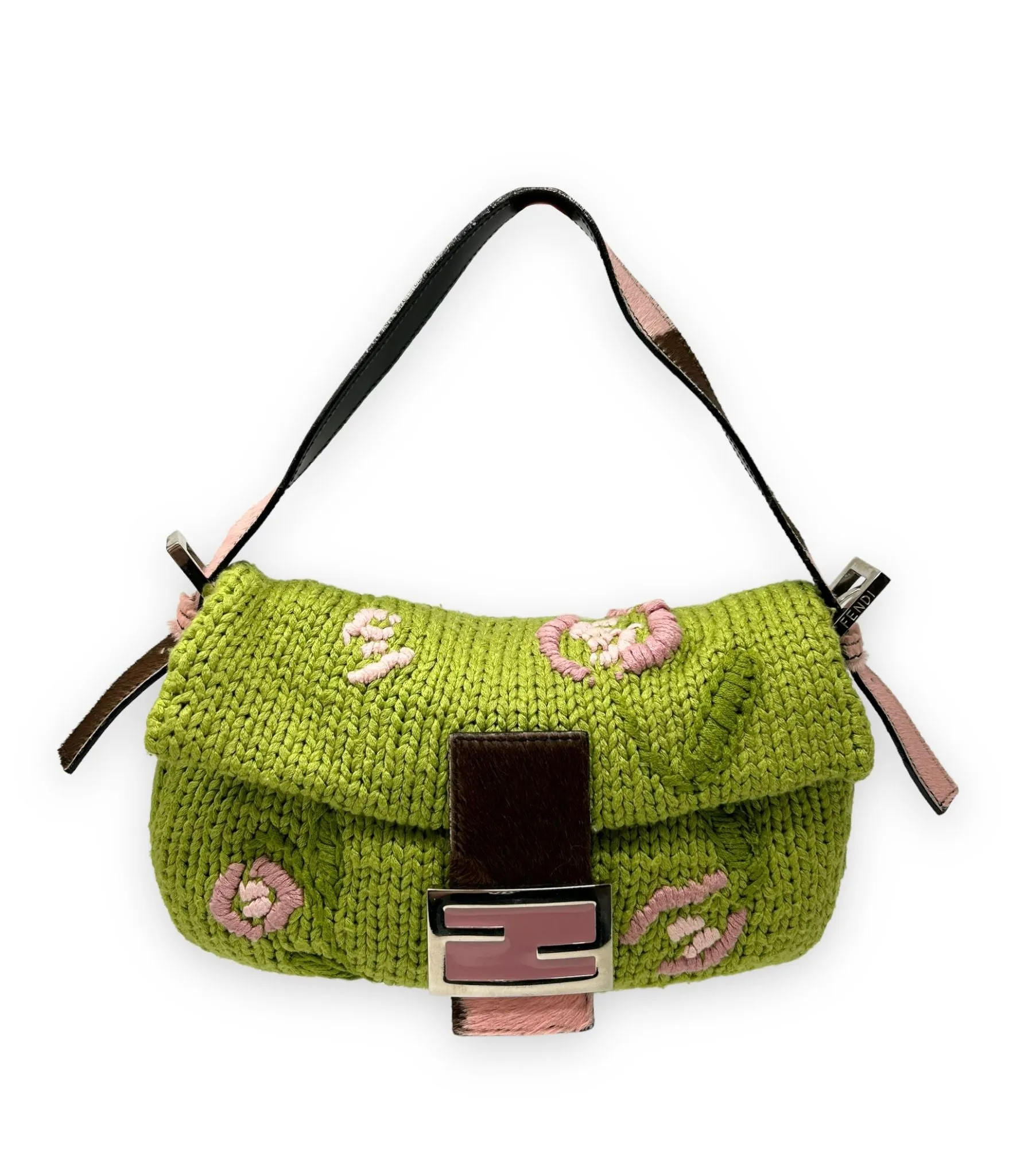 Fendi Green Knit Floral Baguette Bag
