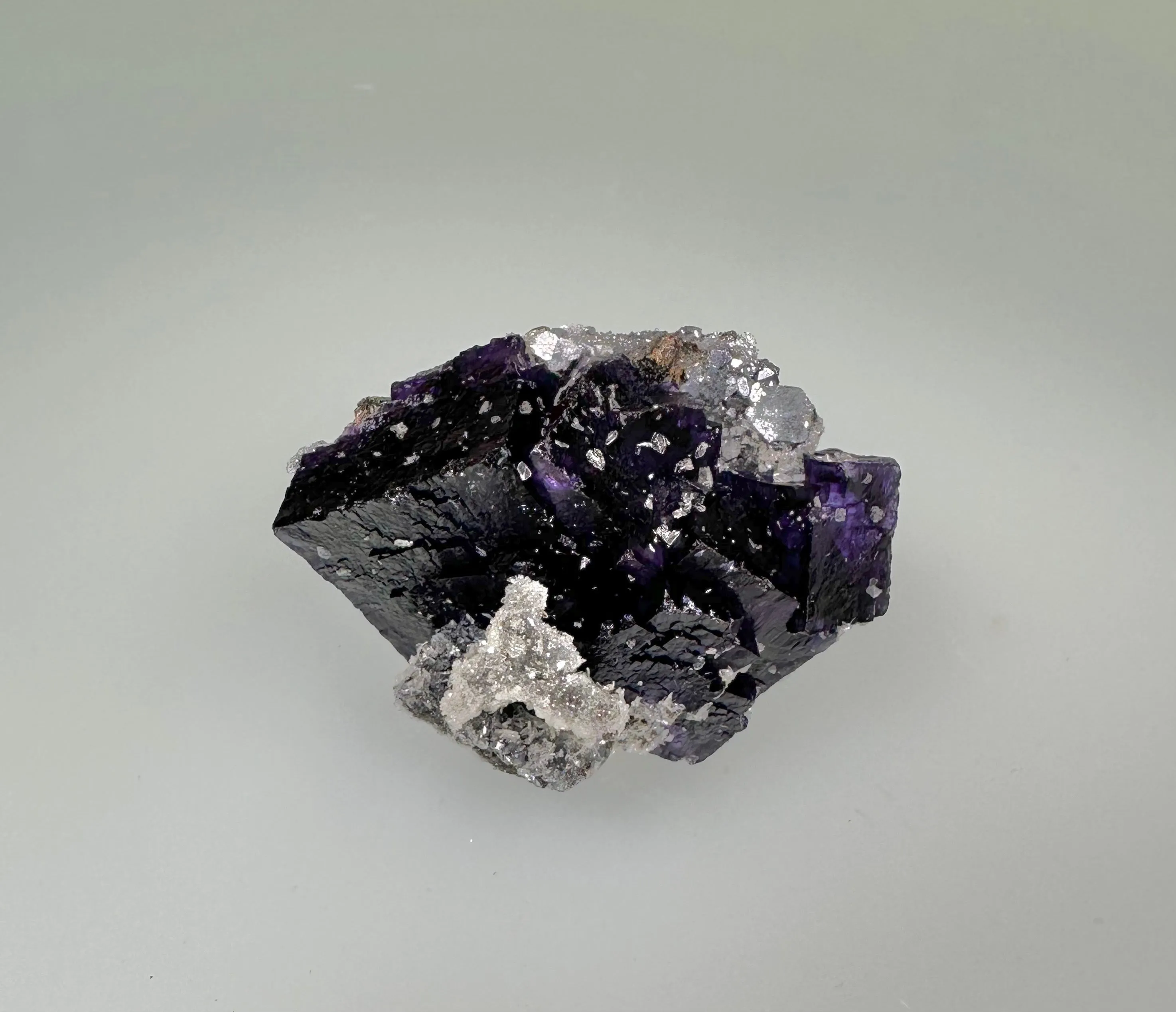 Fluorite and Galena with Barite and Quartz, Sub-Rosiclare Level, W.L. Davis-Deardorff Mine, Ozark-Mahoning Company, Cave-in-Rock District, Southern Illinois, Mined c. 1960s, ex. Ron Roberts Collection D-11, Miniature 3 x 3 x 4.5 cm, $95. Online 1/6.
