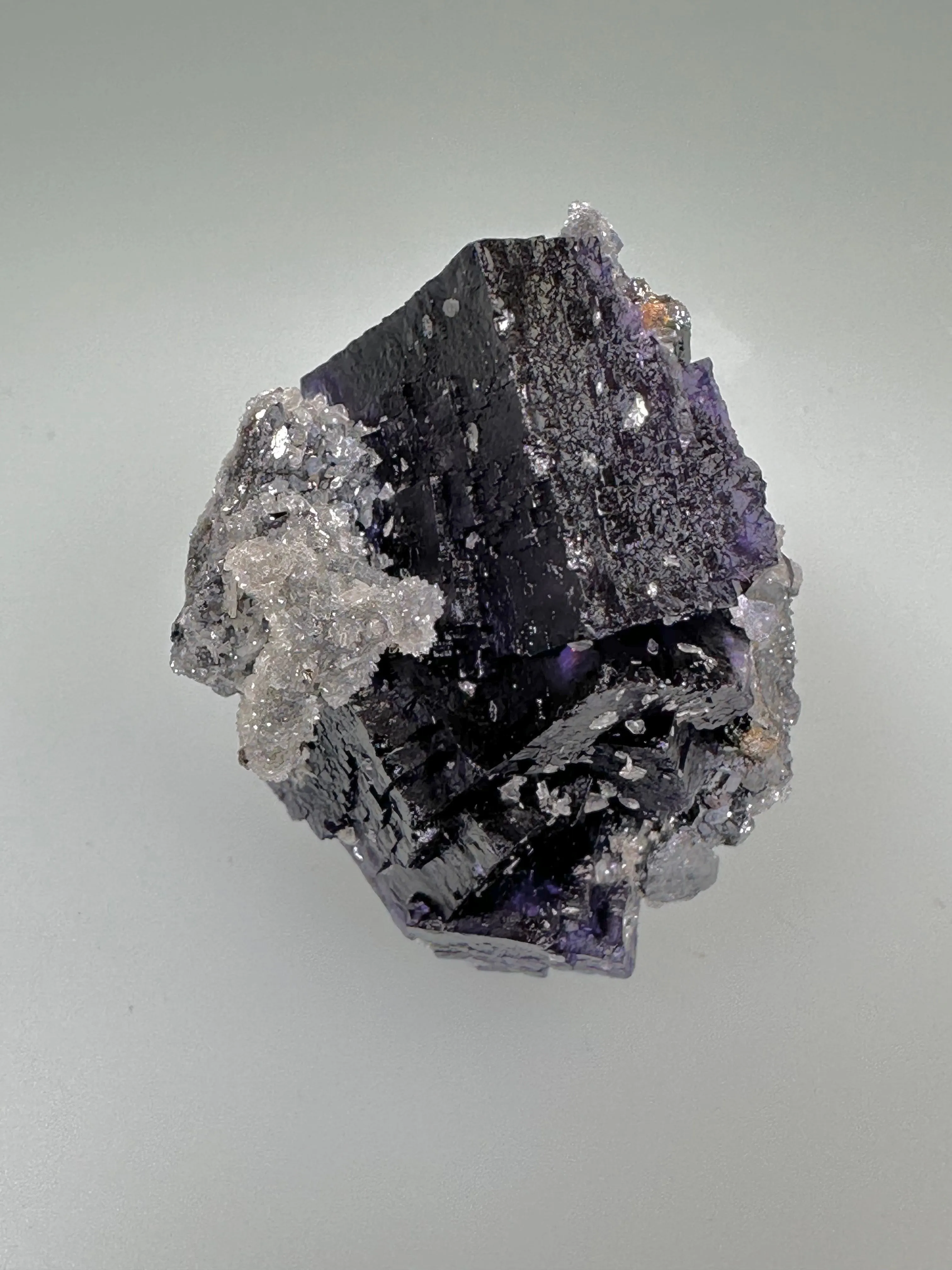 Fluorite and Galena with Barite and Quartz, Sub-Rosiclare Level, W.L. Davis-Deardorff Mine, Ozark-Mahoning Company, Cave-in-Rock District, Southern Illinois, Mined c. 1960s, ex. Ron Roberts Collection D-11, Miniature 3 x 3 x 4.5 cm, $95. Online 1/6.