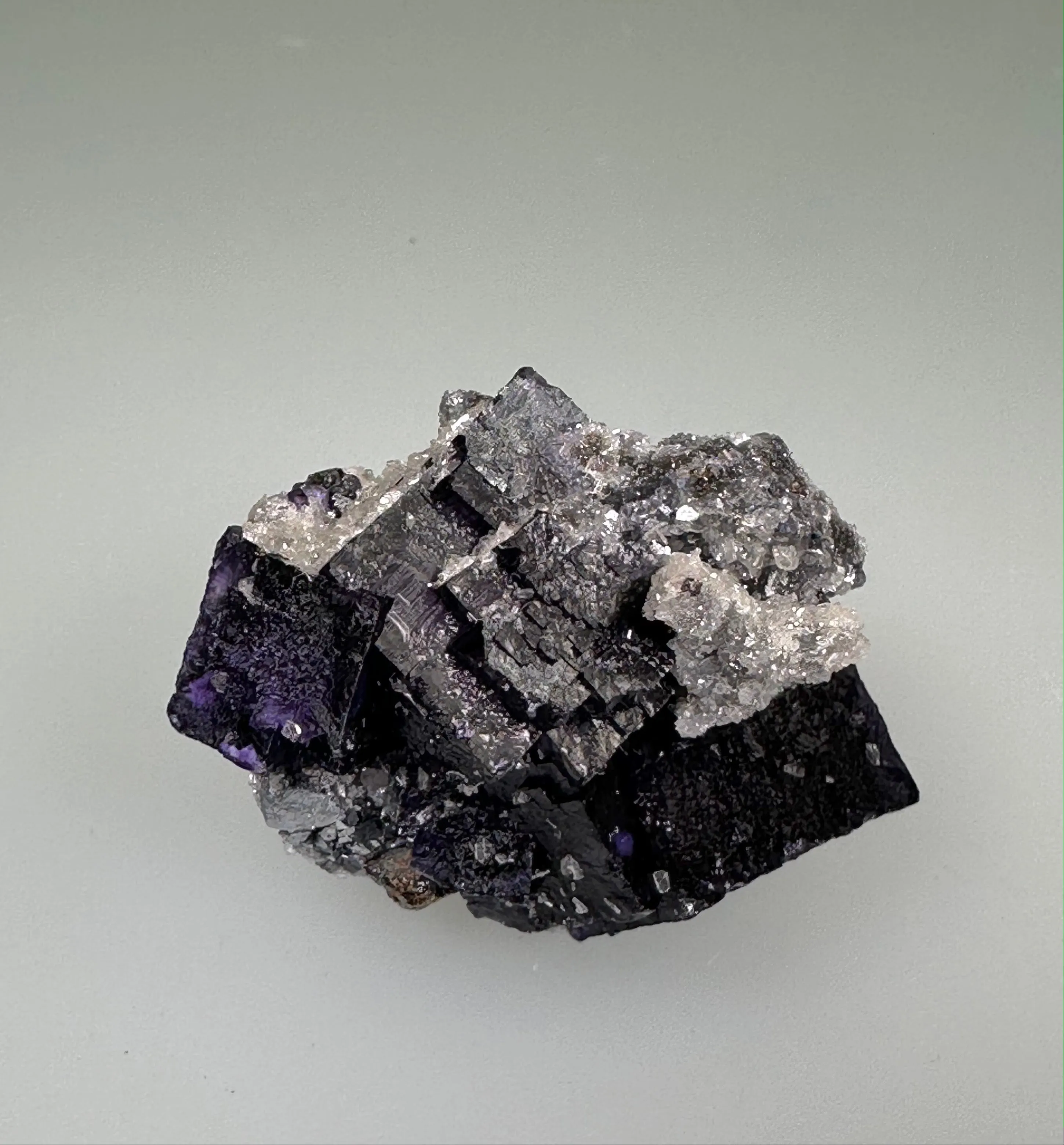 Fluorite and Galena with Barite and Quartz, Sub-Rosiclare Level, W.L. Davis-Deardorff Mine, Ozark-Mahoning Company, Cave-in-Rock District, Southern Illinois, Mined c. 1960s, ex. Ron Roberts Collection D-11, Miniature 3 x 3 x 4.5 cm, $95. Online 1/6.