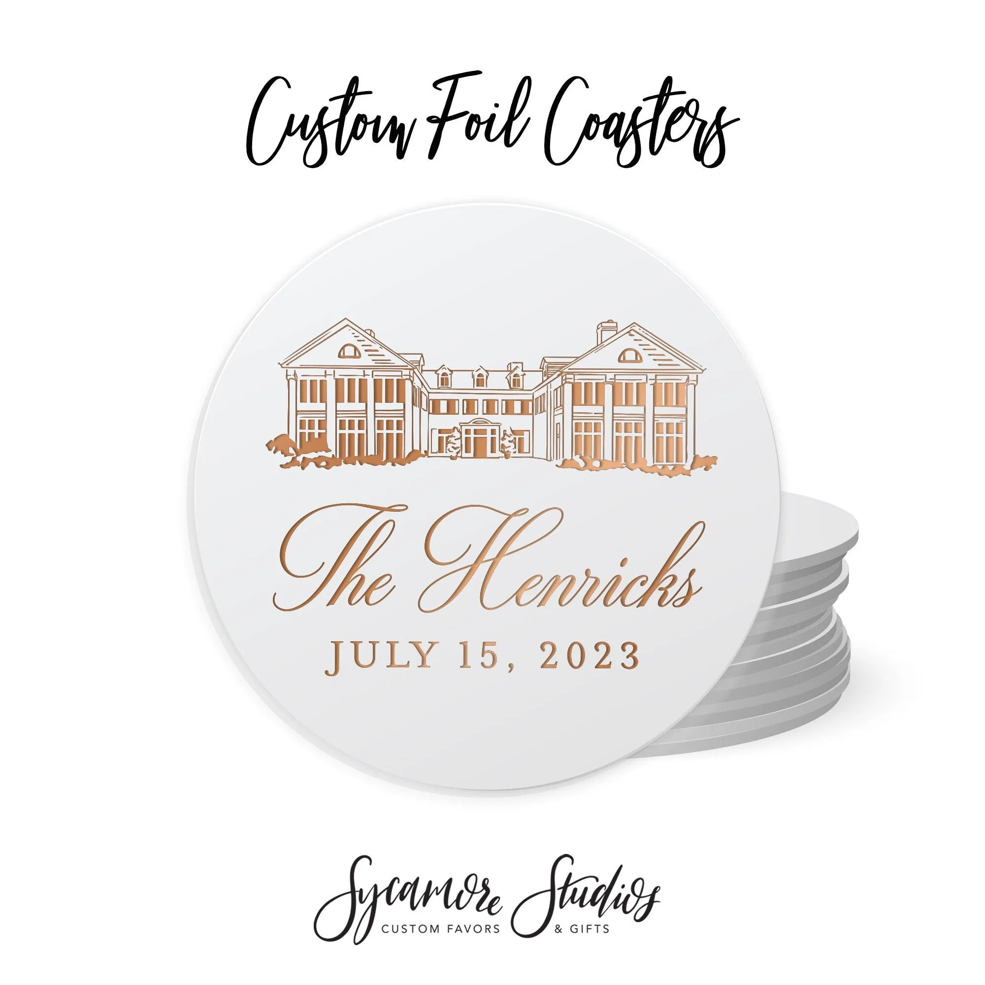 Foiled Wedding Coaster #48 - Custom Venue Illustration