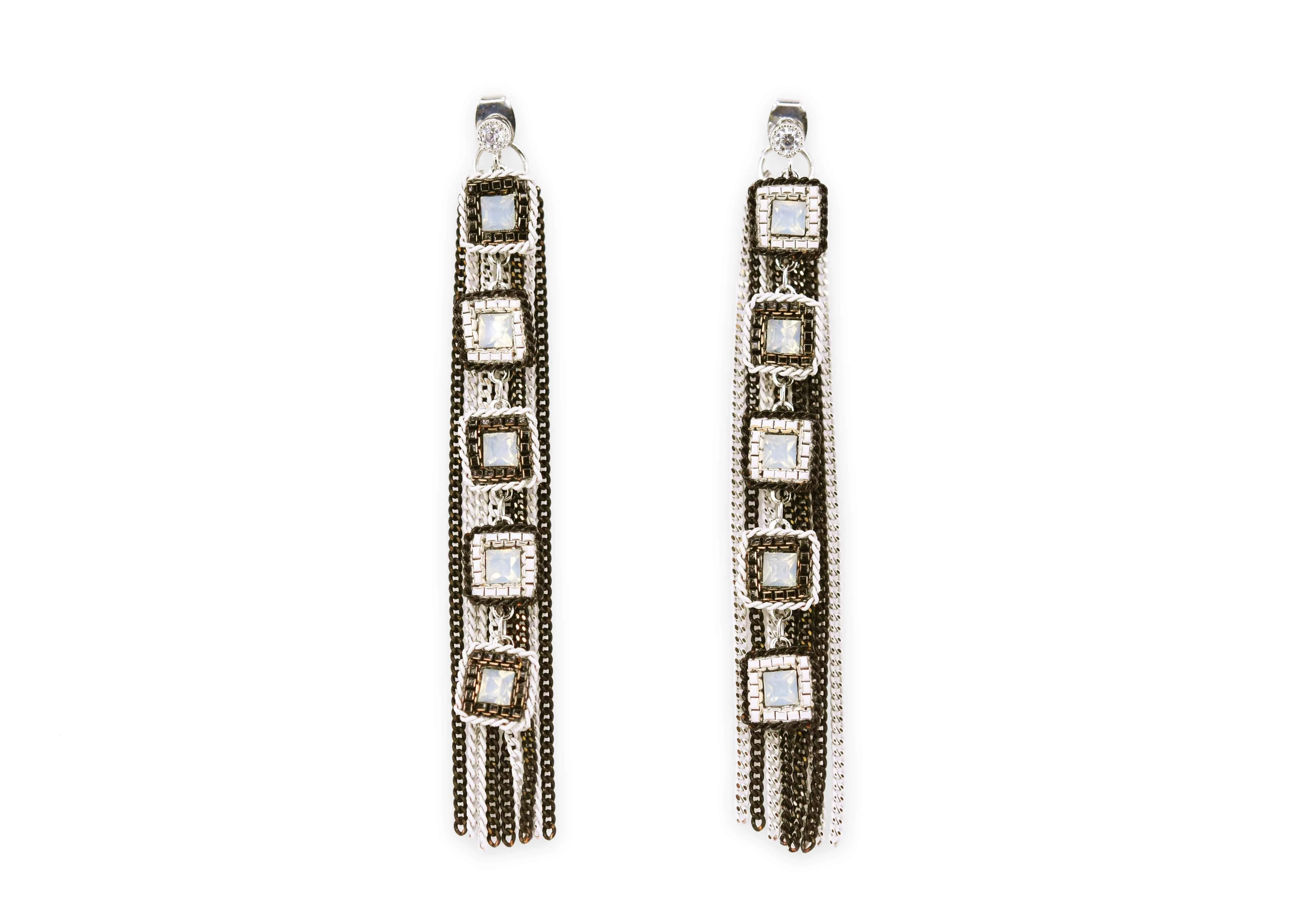 Geometric charm crystal tassel earrings