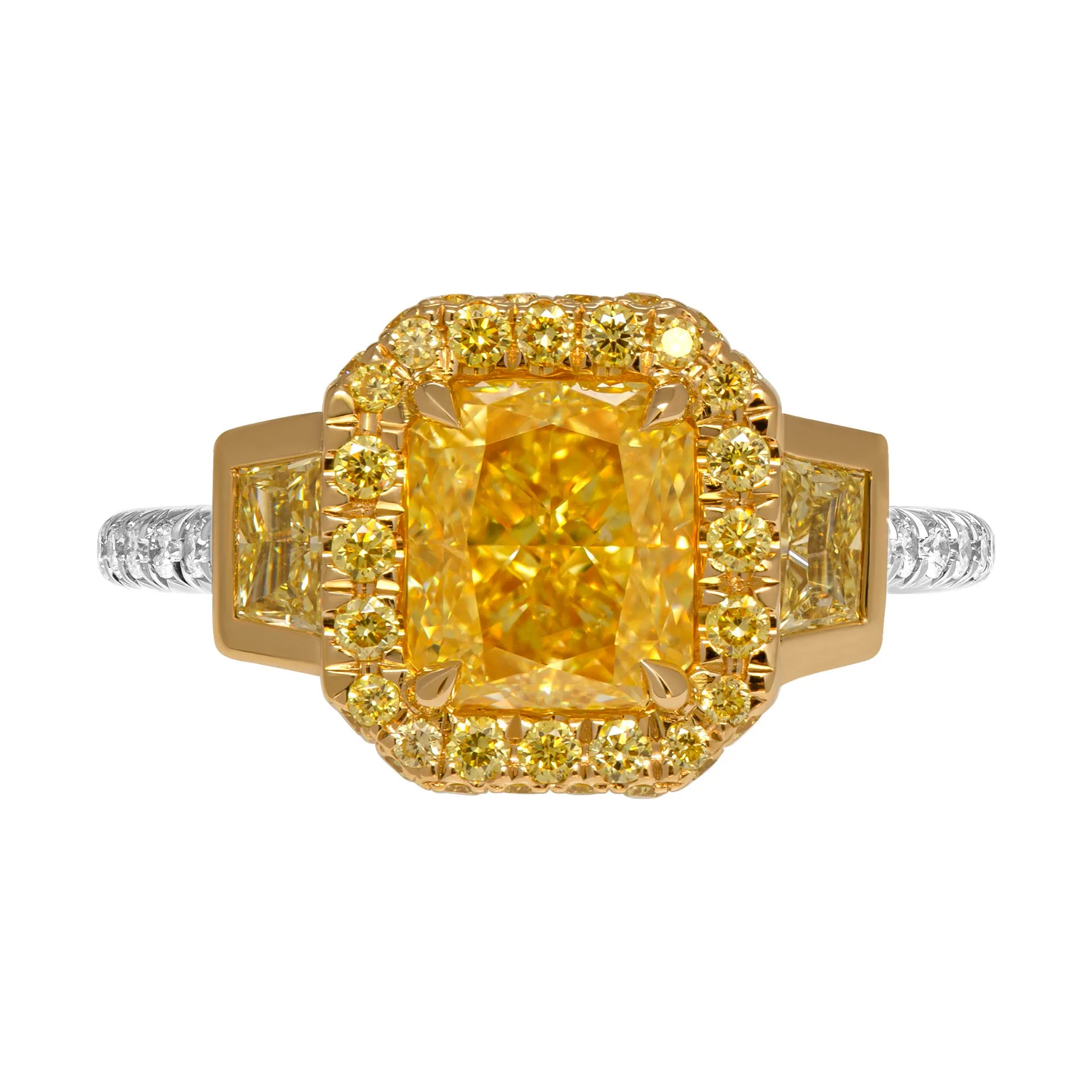 GIA Certified 2.01ct Fancy Intense Yellow Radiant Cut Three-Stone