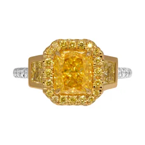 GIA Certified 2.01ct Fancy Intense Yellow Radiant Cut Three-Stone