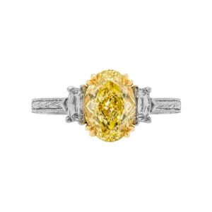 GIA Certified 2.40 Carat Fancy Yellow Oval Cut Three-Stone Ring
