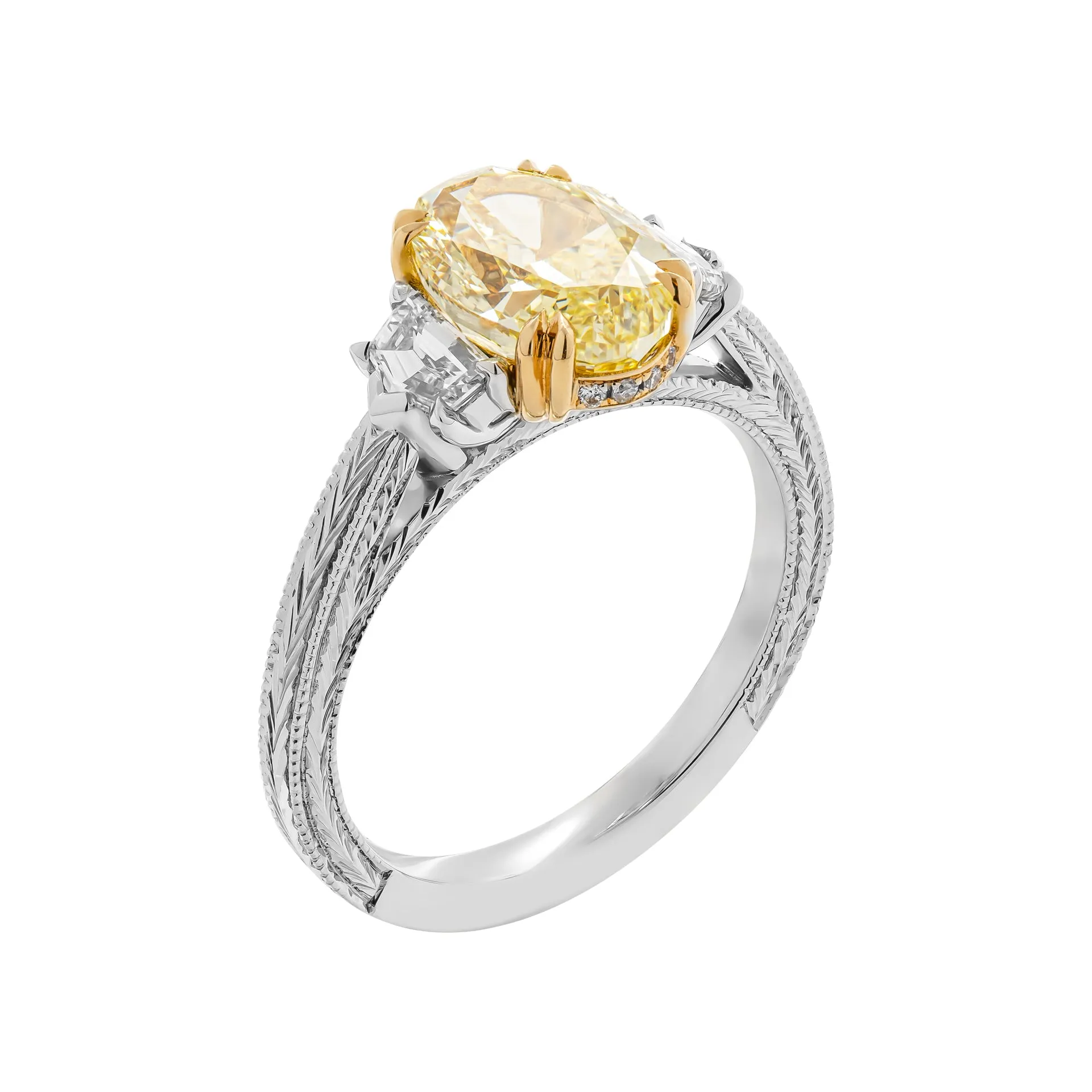 GIA Certified 2.40 Carat Fancy Yellow Oval Cut Three-Stone Ring