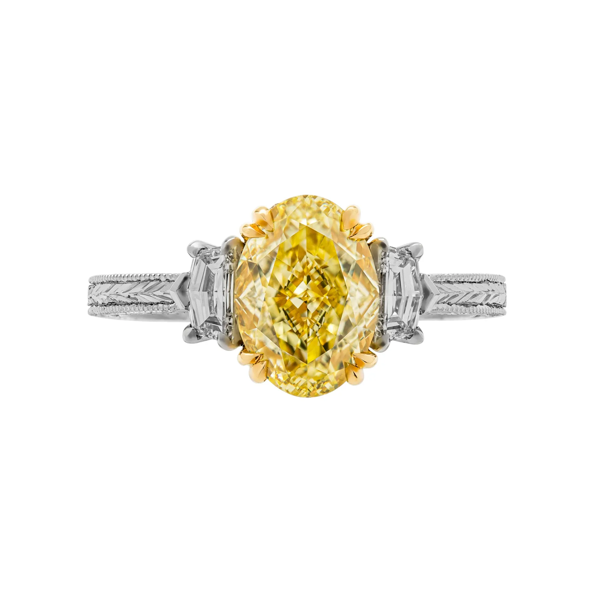 GIA Certified 2.40 Carat Fancy Yellow Oval Cut Three-Stone Ring