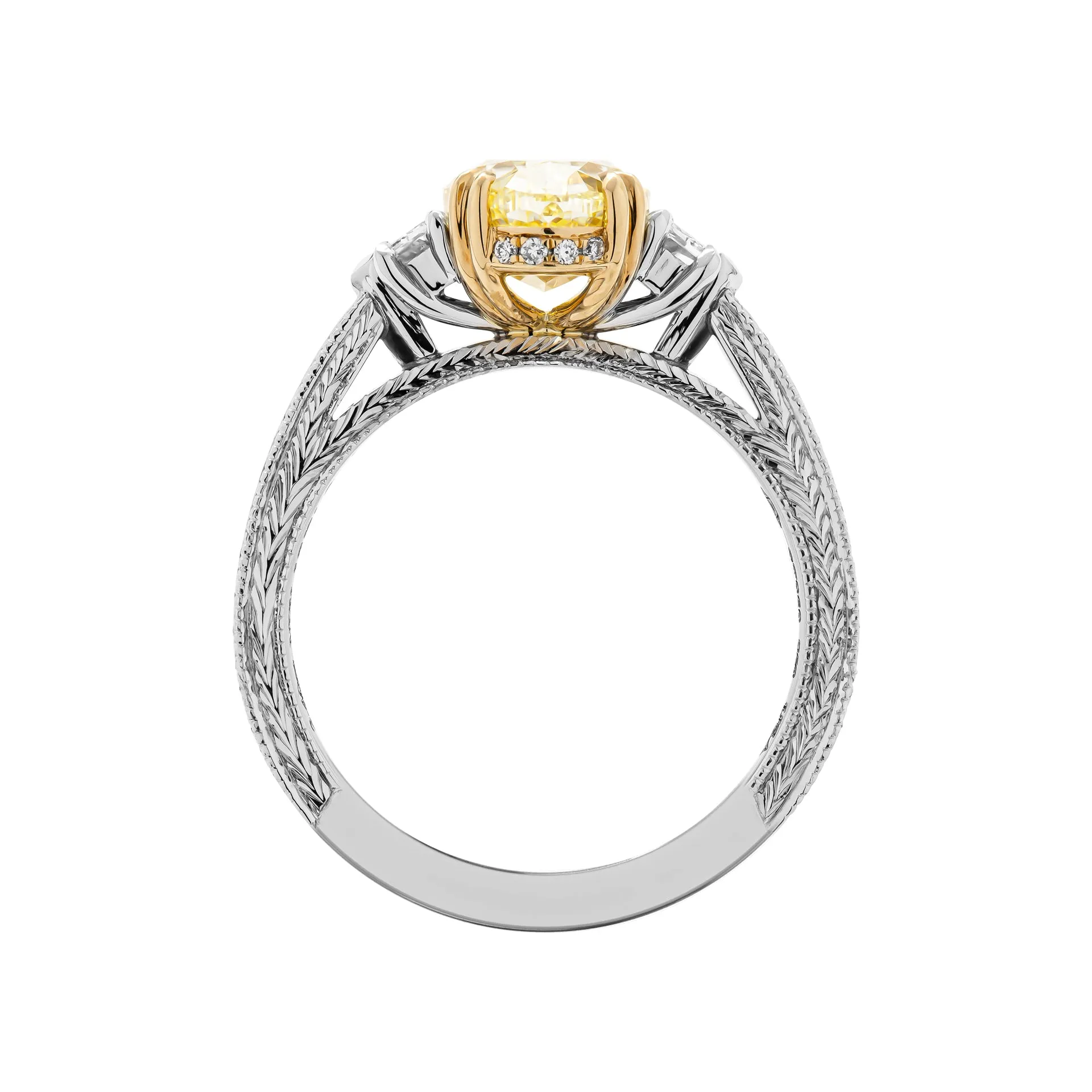GIA Certified 2.40 Carat Fancy Yellow Oval Cut Three-Stone Ring