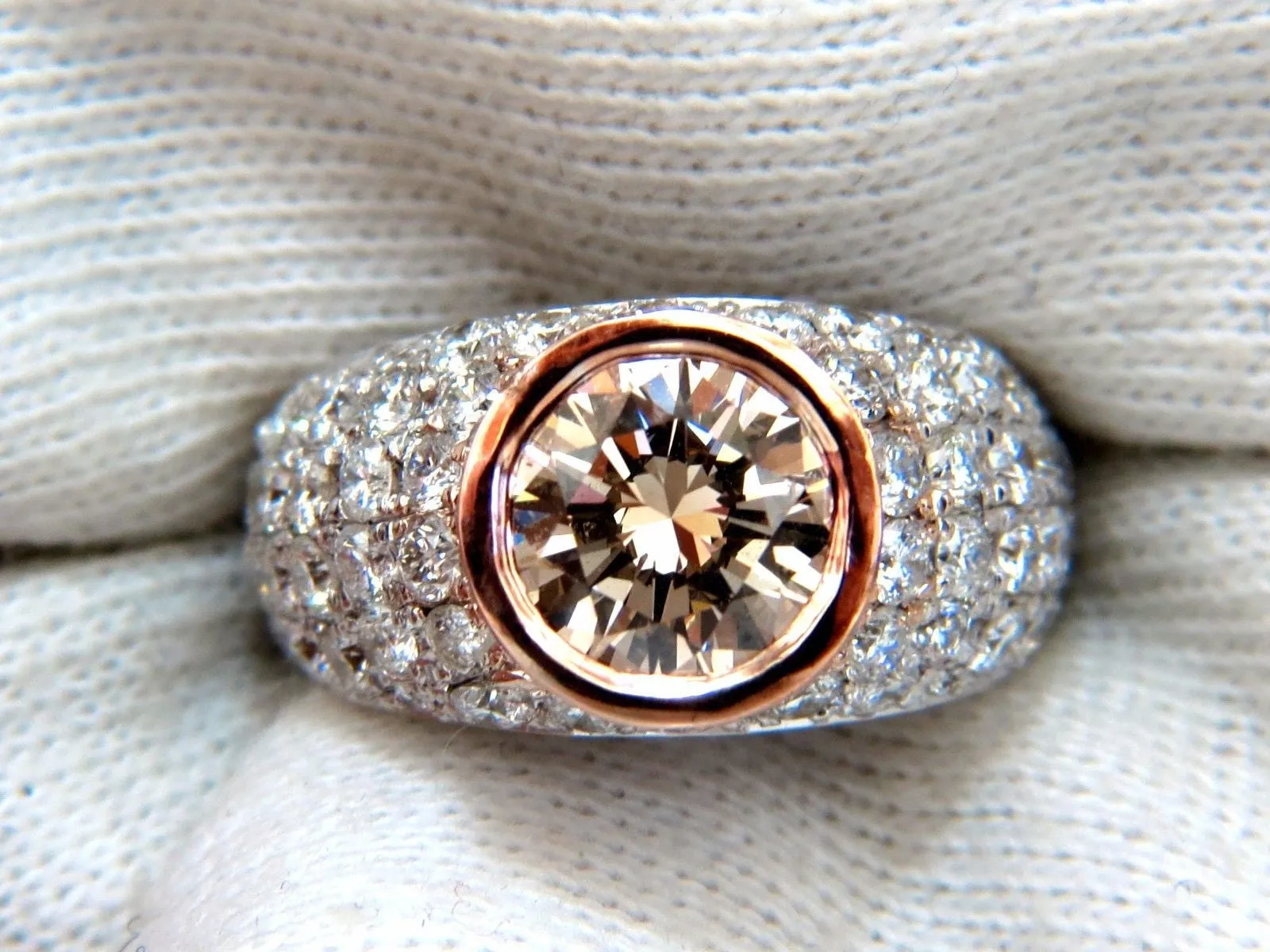 GIA Certified 3.08ct. Fancy light brown round cut diamond ring 14kt