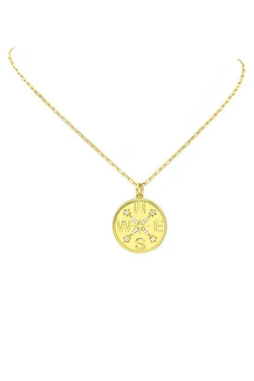 Gold Filled CZ Compass Pendant Necklace In Gold