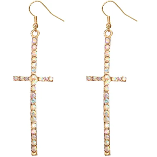 Gold Iridescent Rhinestone Cross Earrings