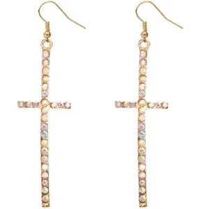 Gold Iridescent Rhinestone Cross Earrings