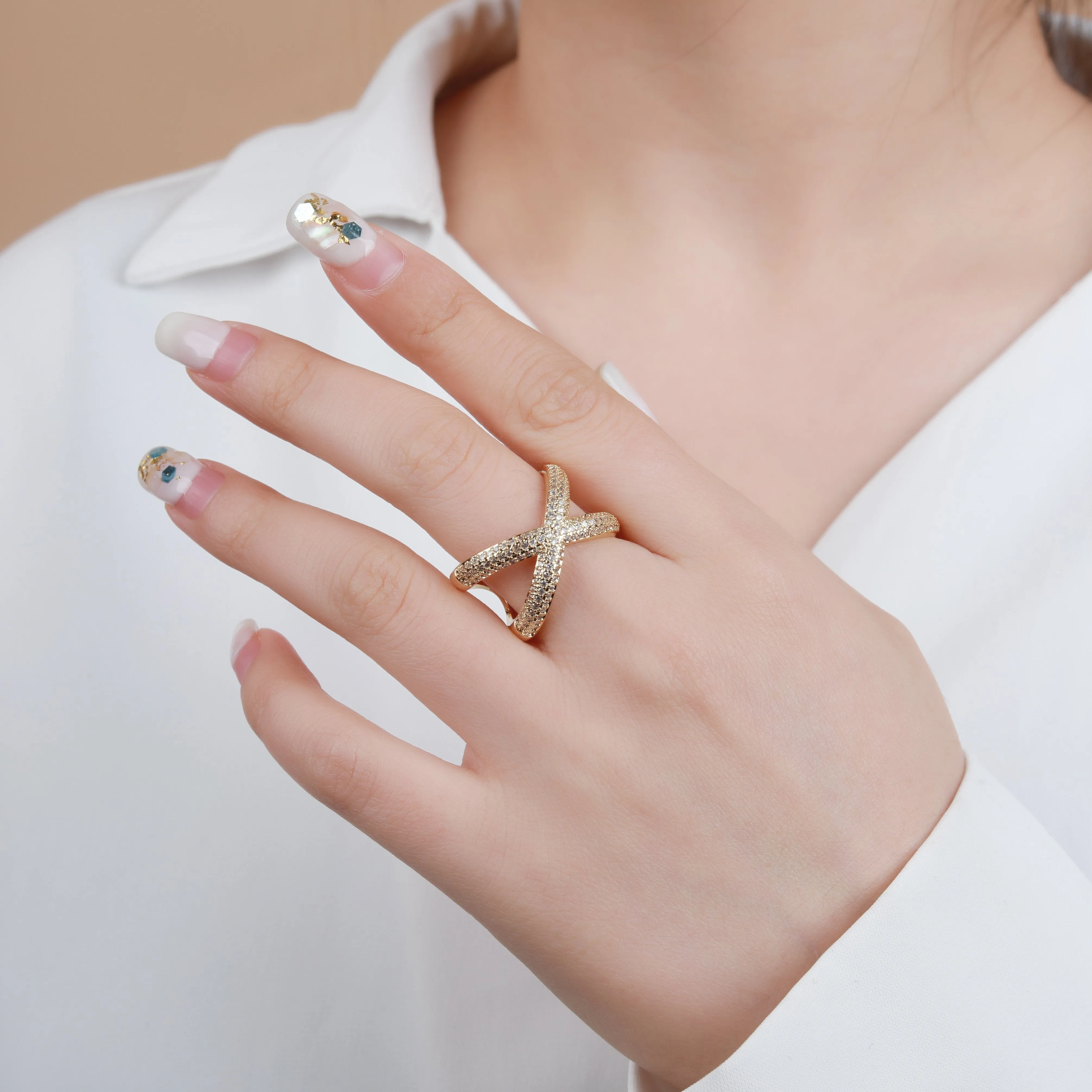 Gold Plated Micro Pave Trendy Criss-Cross, X Adjustable Ring