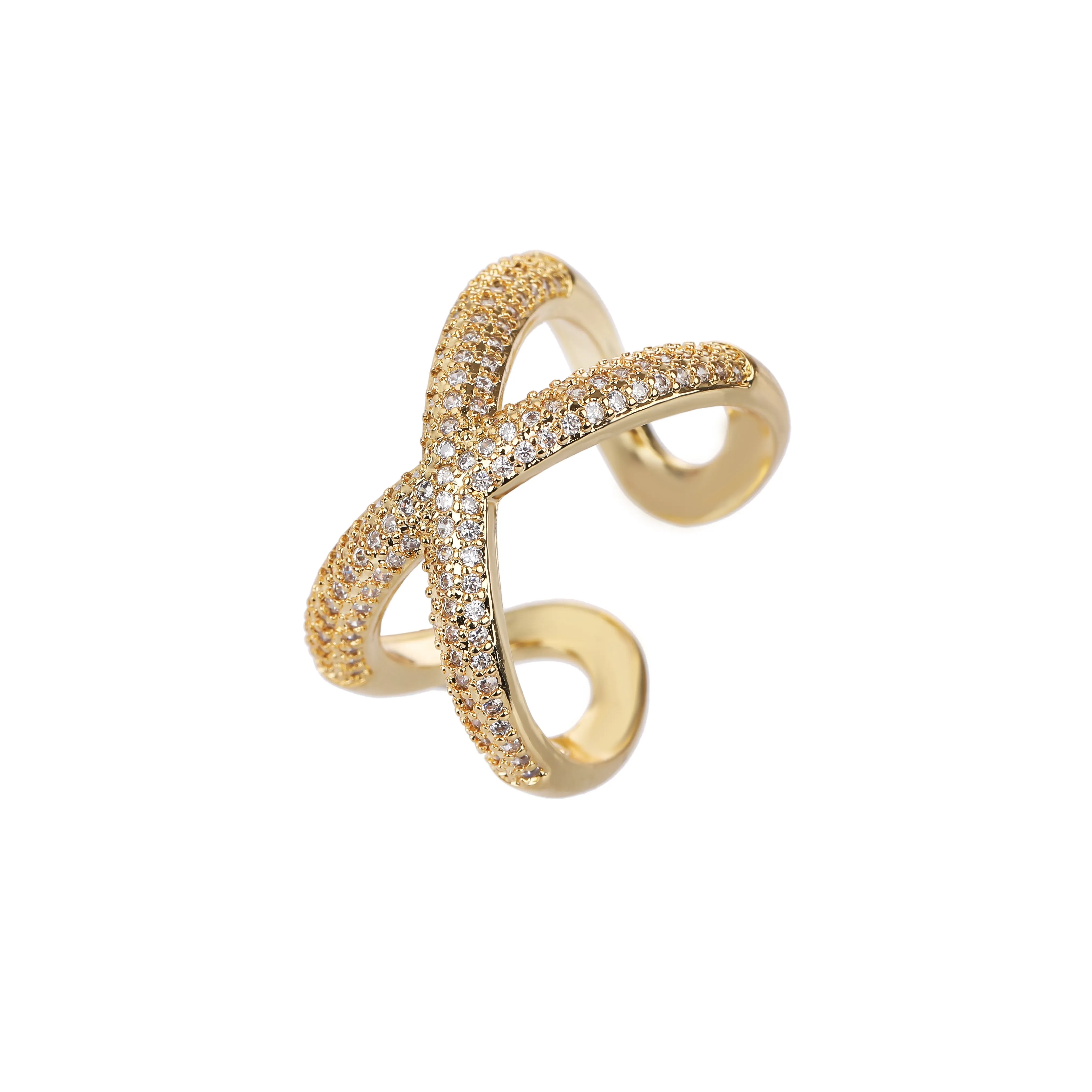 Gold Plated Micro Pave Trendy Criss-Cross, X Adjustable Ring