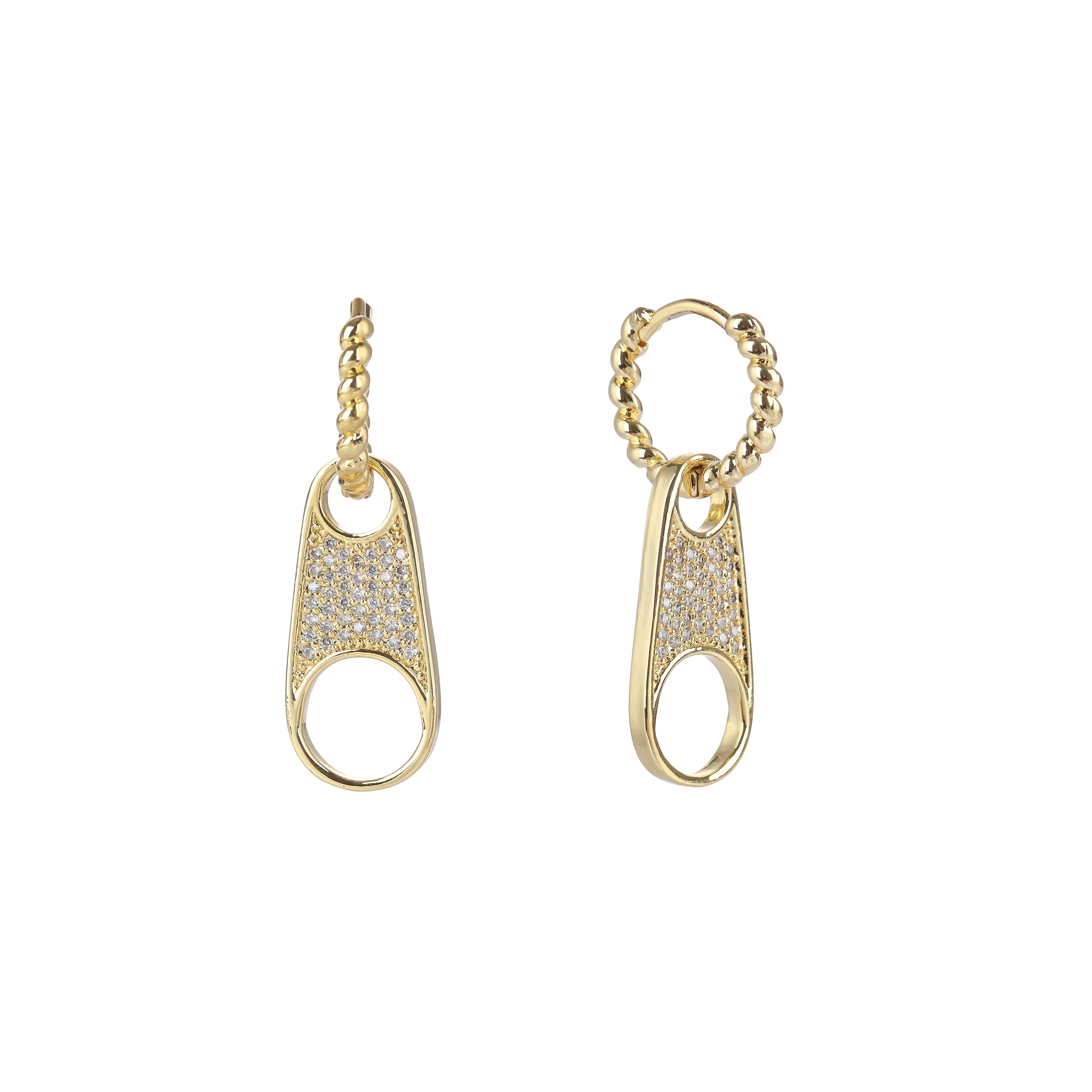 Gold Plated Micro Pave Trendy Zipper Drop Earring