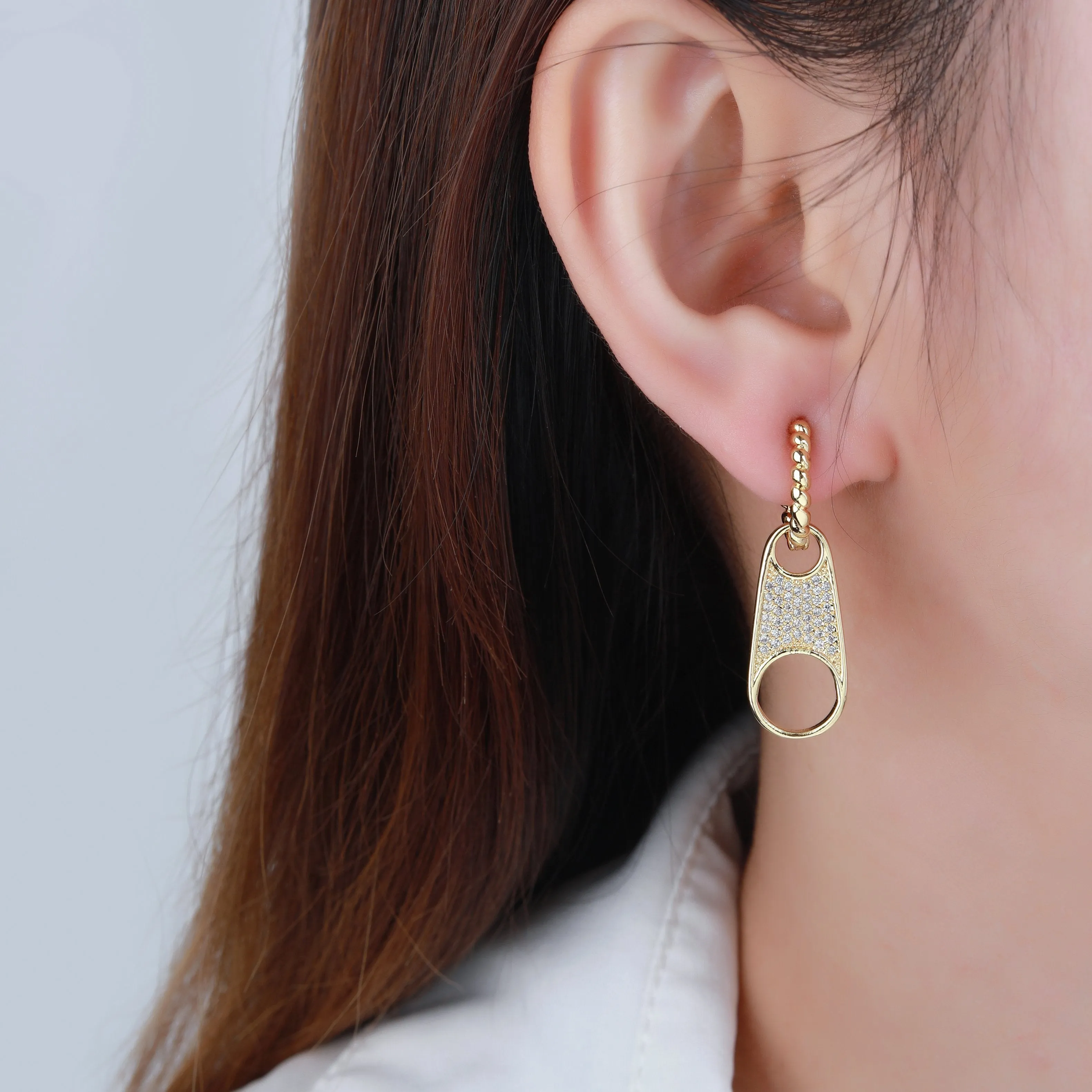 Gold Plated Micro Pave Trendy Zipper Drop Earring