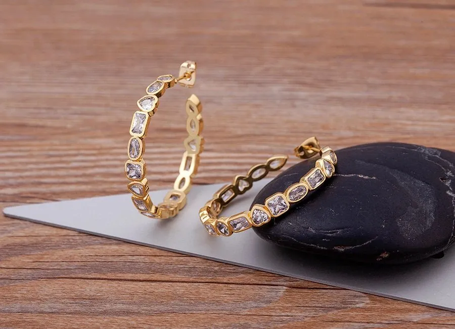 Gold Plated Trendy Alternating Stone Hoop Earrings