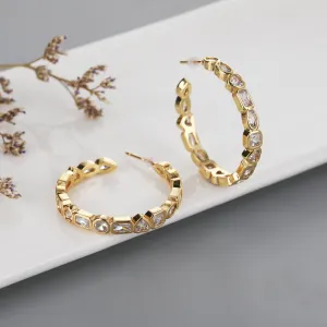 Gold Plated Trendy Alternating Stone Hoop Earrings