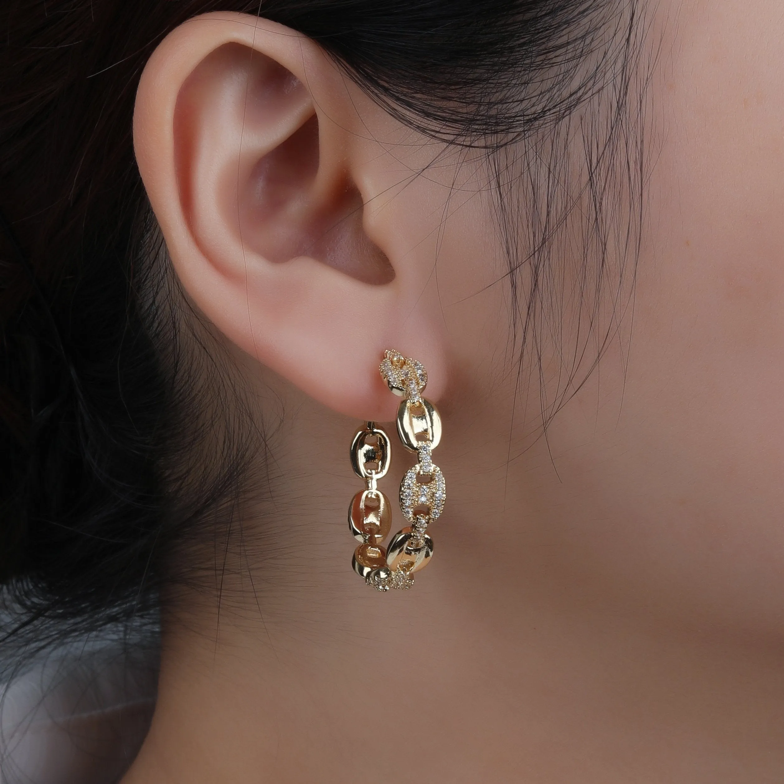Gold Plated Trendy Micro Pave Mariner Hoop Earrings