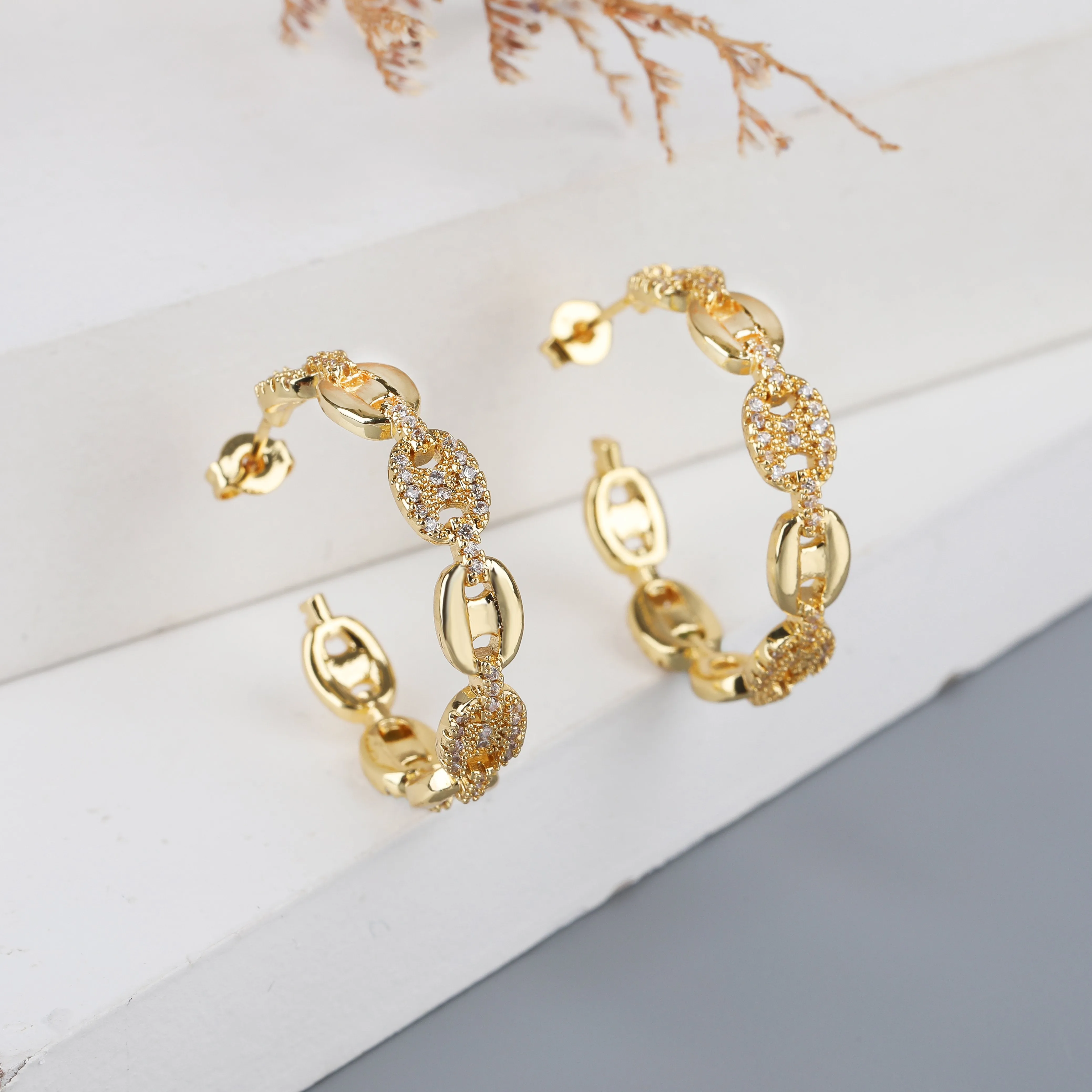 Gold Plated Trendy Micro Pave Mariner Hoop Earrings