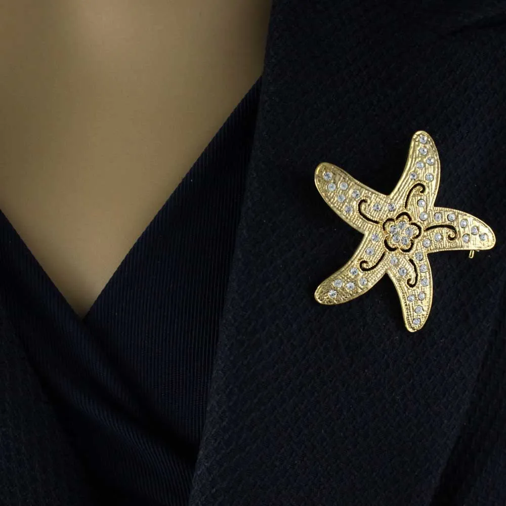 Gold Starfish with Clear Crystals and Flower Brooch Pin - PRS946