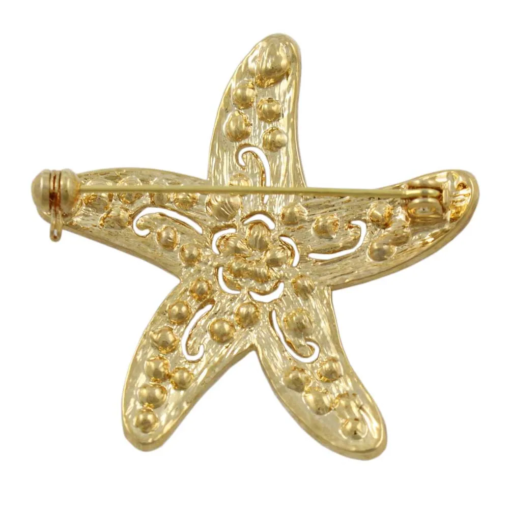 Gold Starfish with Clear Crystals and Flower Brooch Pin - PRS946