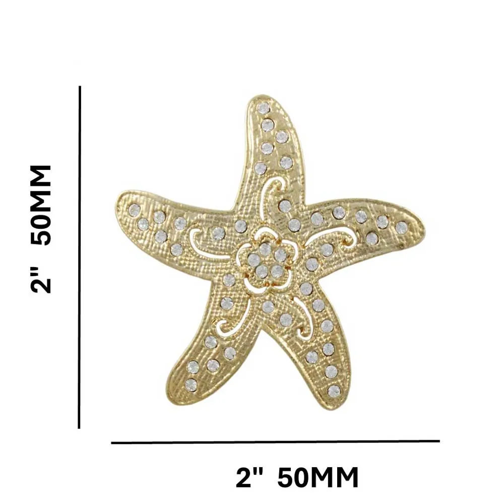 Gold Starfish with Clear Crystals and Flower Brooch Pin - PRS946
