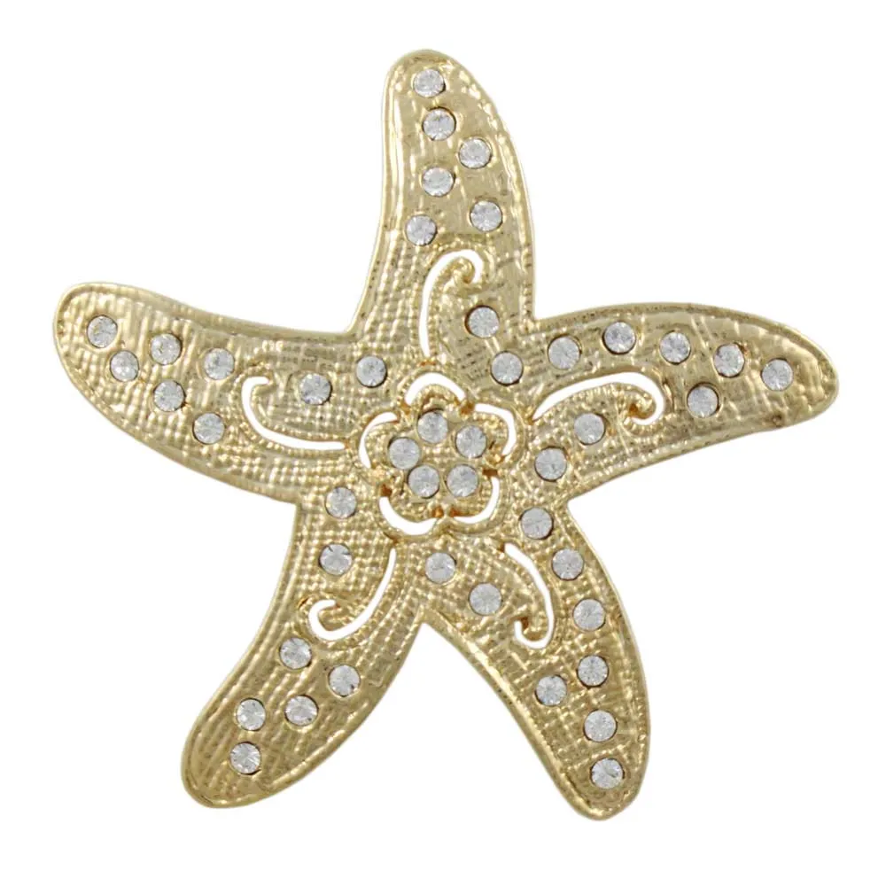 Gold Starfish with Clear Crystals and Flower Brooch Pin - PRS946