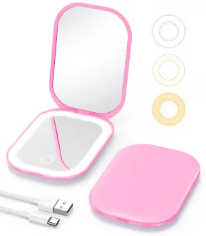 Gospire Lighted Compact Mirror with Light and Magnification 1X/3X, Stepless Dimming and Three-Color Adjustable Lights, Rechargeable Battery and Compact Size for Purse and Travel - Deep Pink