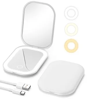 Gospire Lighted Travel Makeup Mirror with Light and Magnification 1X/3X, Stepless Dimming and Three-Color Adjustable Lights, Rechargeable Battery and Compact Size for Purse and Portable Use - White