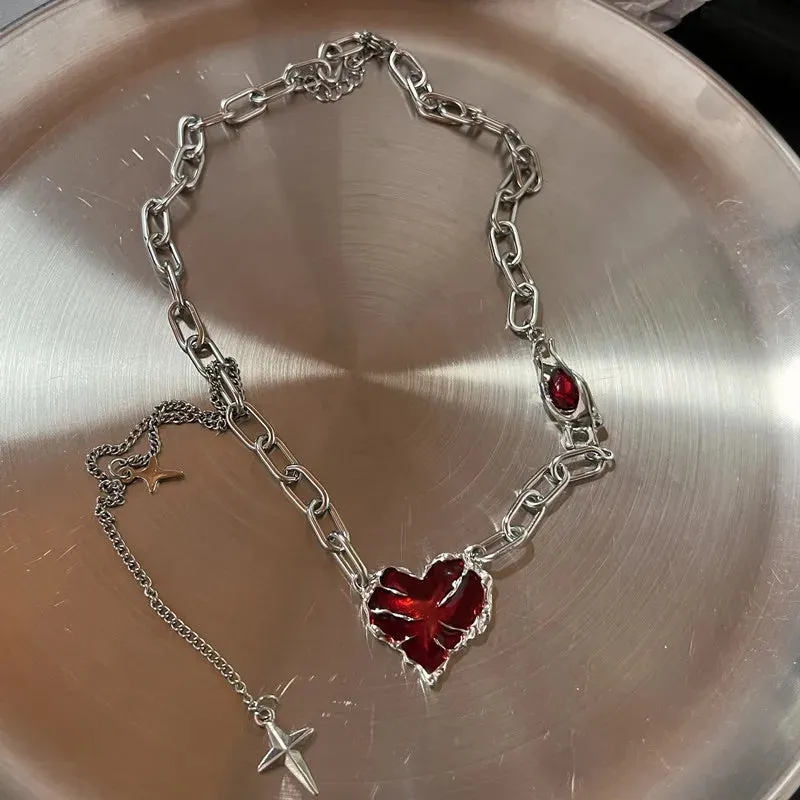 Gothic Red Peach Heart Pendant Necklace For Women Girls Sliver Ghost Claw Love Short Choker PunkClavicle Chain Gifts