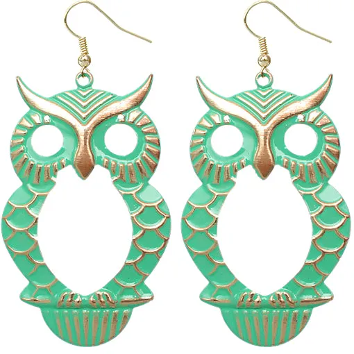 Green Cutout Dangle Hoot Owl Earrings