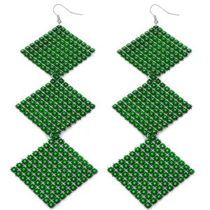 Green Long Triple Studded Mesh Dangle Earrings