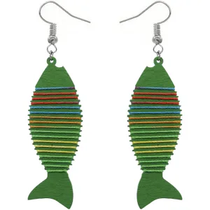 Green Multicolor Wooden Woven Fish Earrings