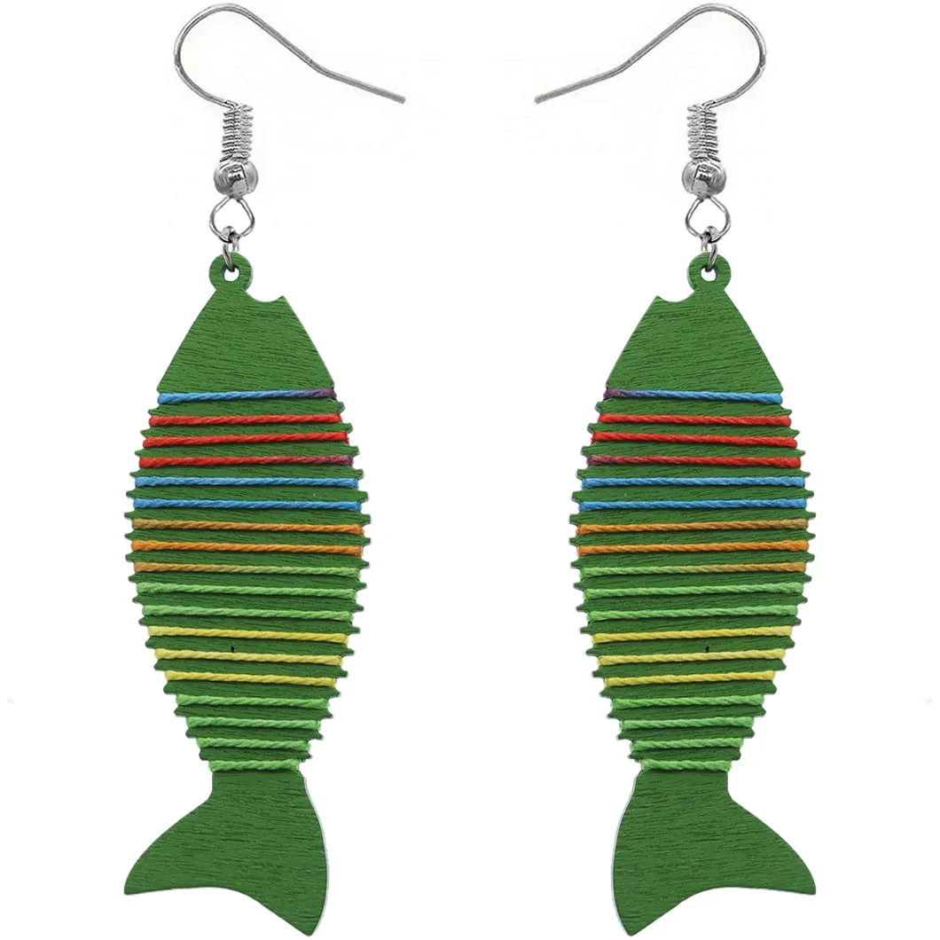 Green Multicolor Wooden Woven Fish Earrings