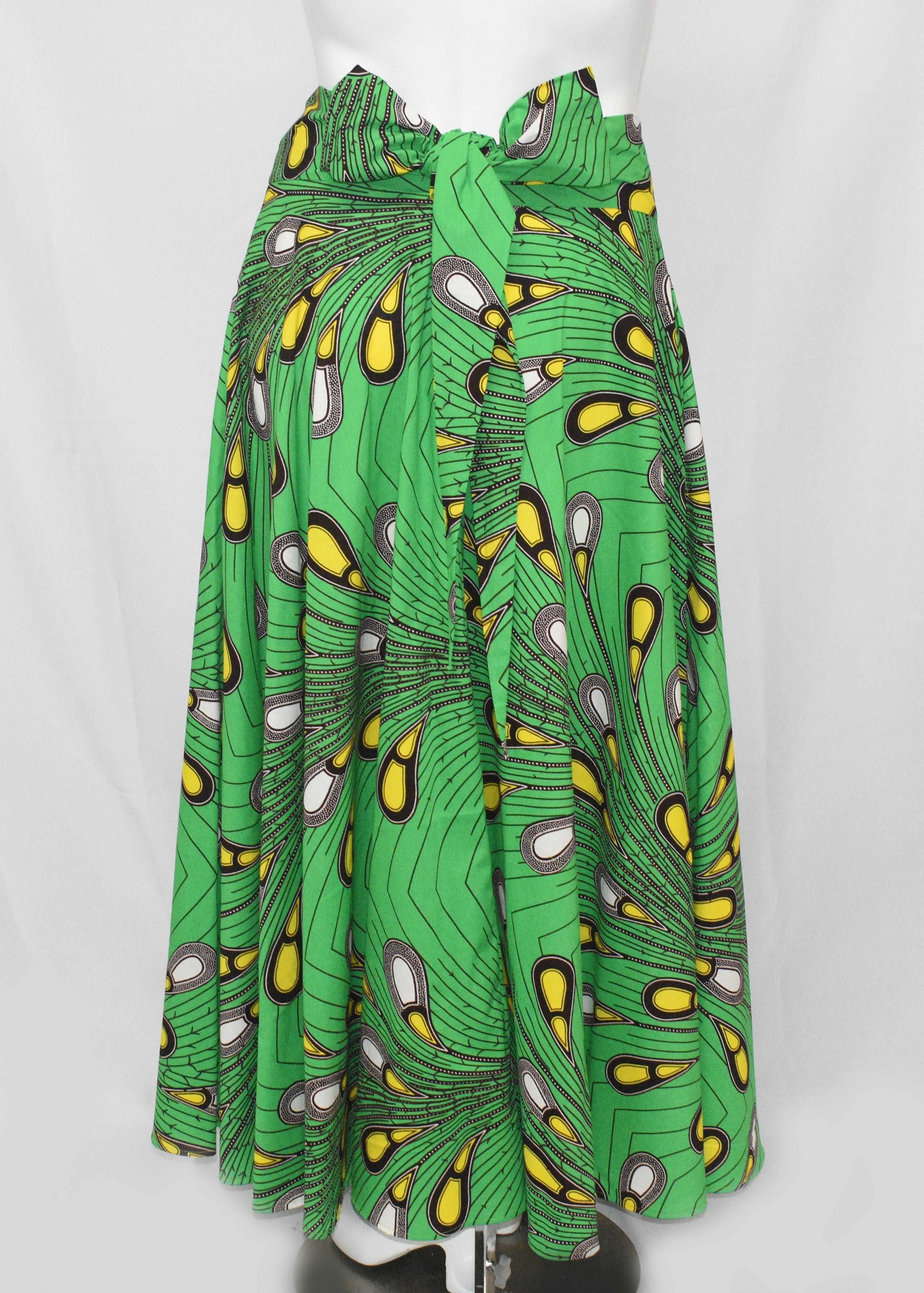 Green Tear Drop Floor Length Maxi Skirt On Dutch Hollandaise Prints